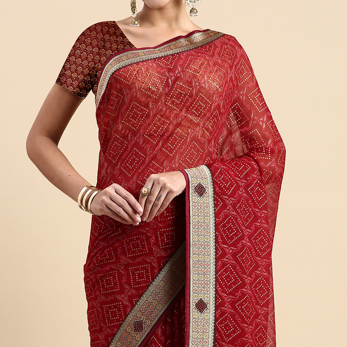 Peachmode Maroon Foil Printed With Fancy Border Chiffon Saree - view 3