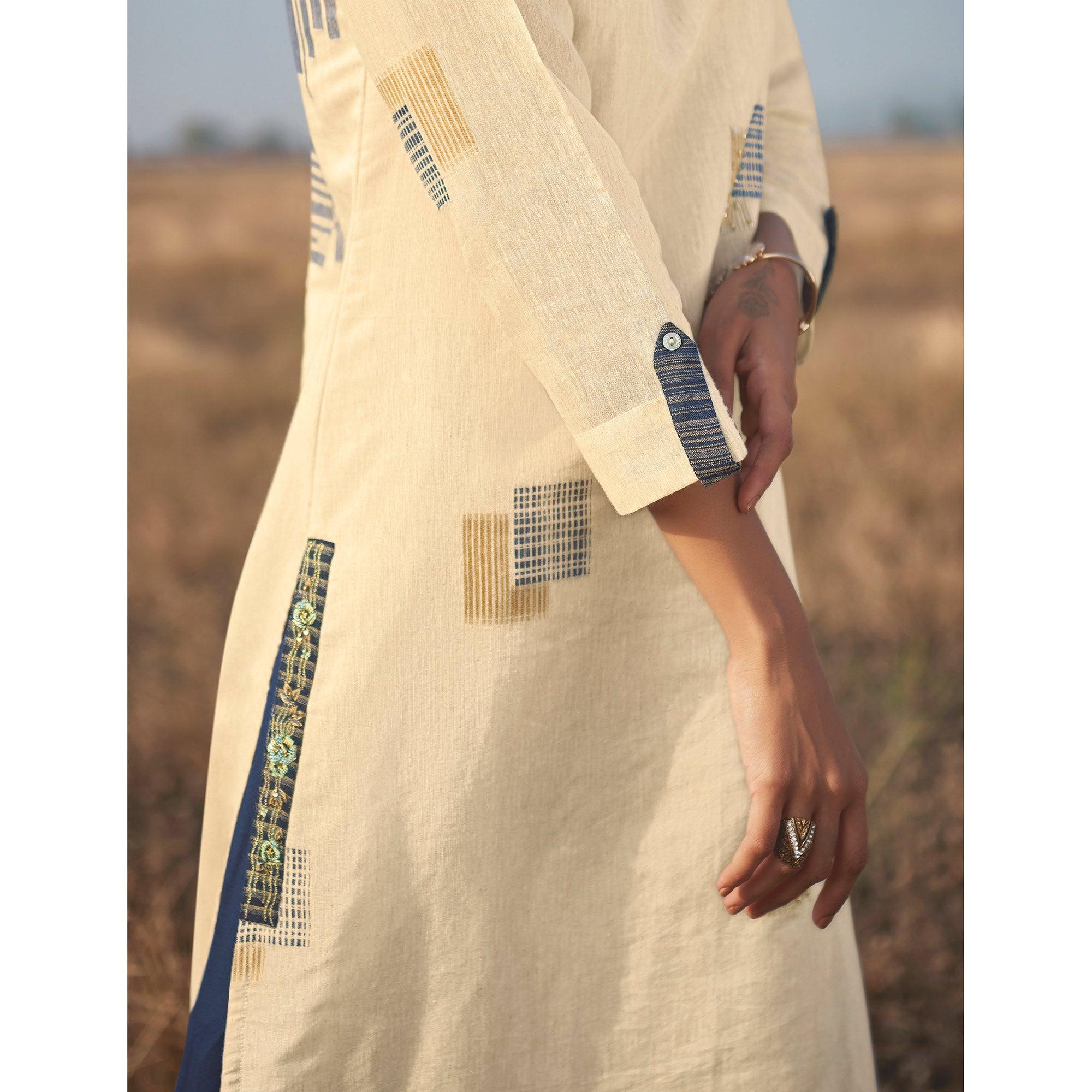 Peachmode Seller Fantastic Beige Colored Party Wear Handwork Handloom Cotton Kurti-Pant Set - view 3