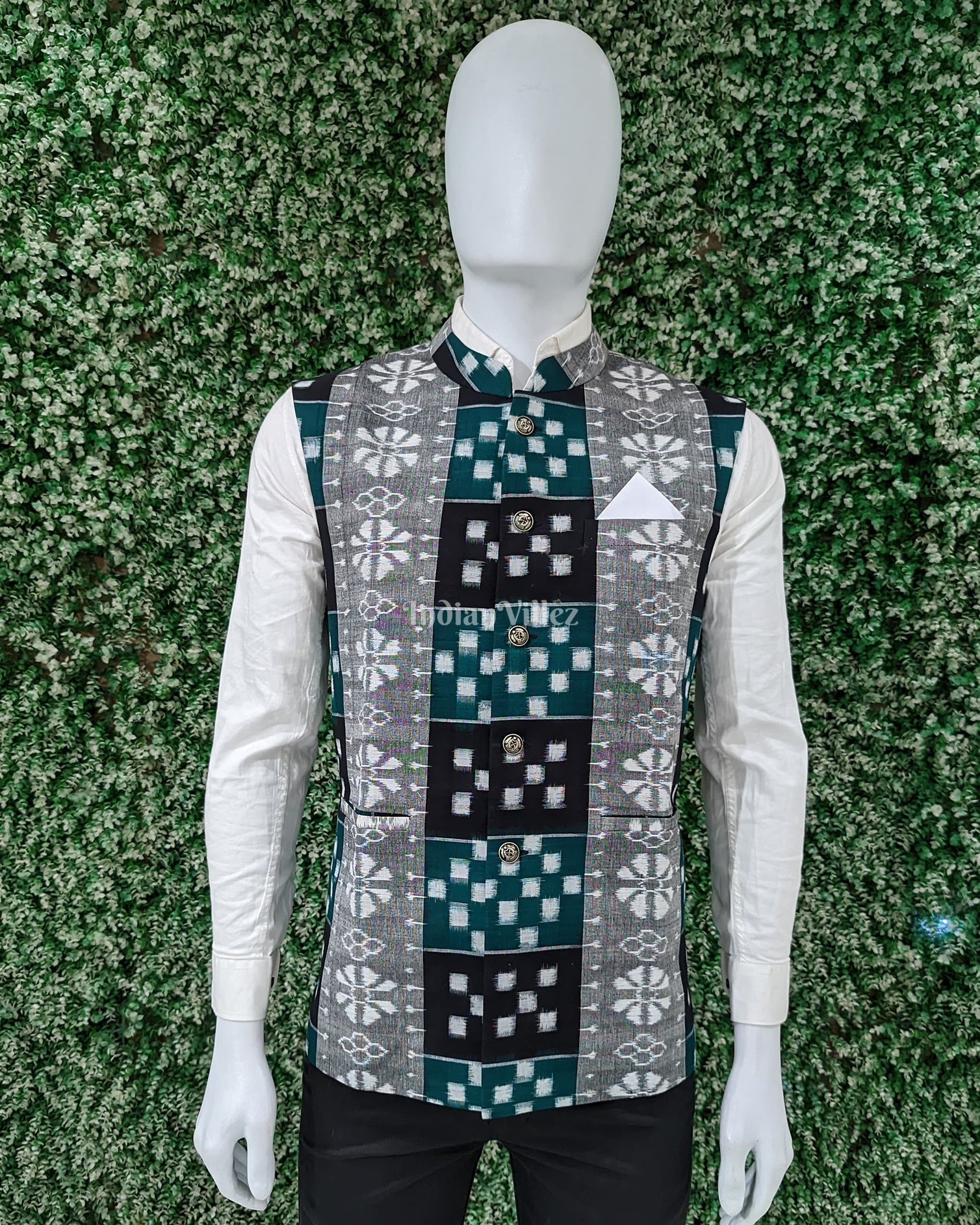 IndianVillèz Grey Green Pasapali Odisha Ikat Cotton Half Bandi Jacket for Men
