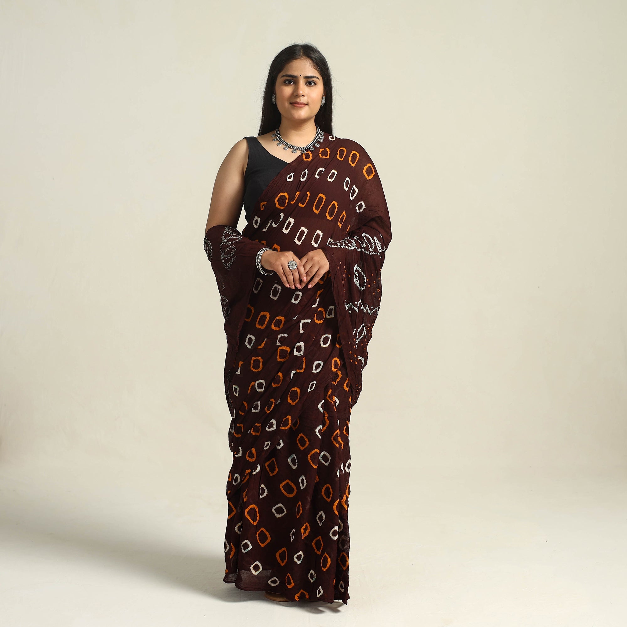 KACHCHH JI CHHAAP Brown - Kutch Bandhani Tie-Dye Cotton Saree with Blouse Piece