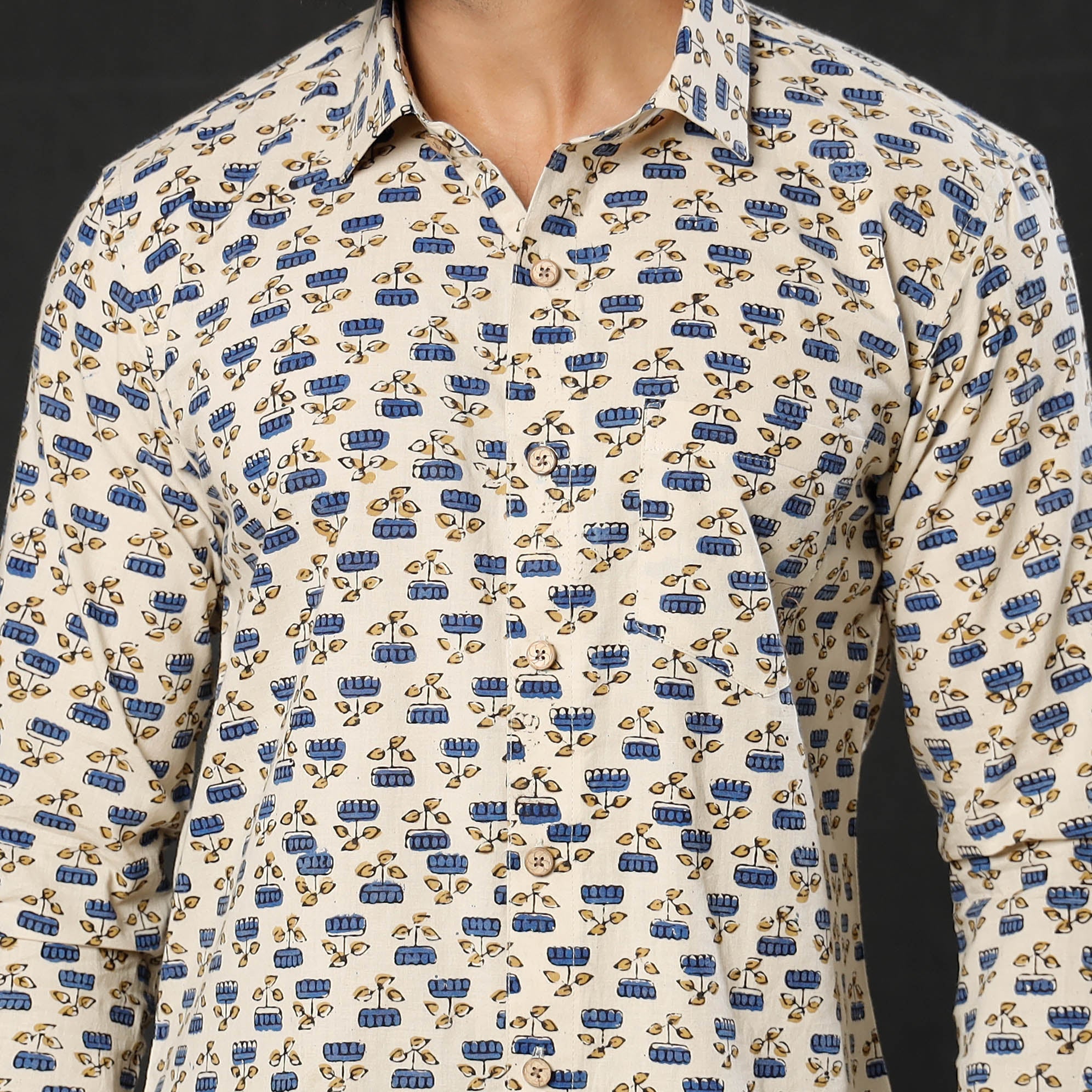 ITOKRI CASUALS Beige - Lotus Ajrakh Block Printed Cotton Men Full Sleeve Shirt - view 3