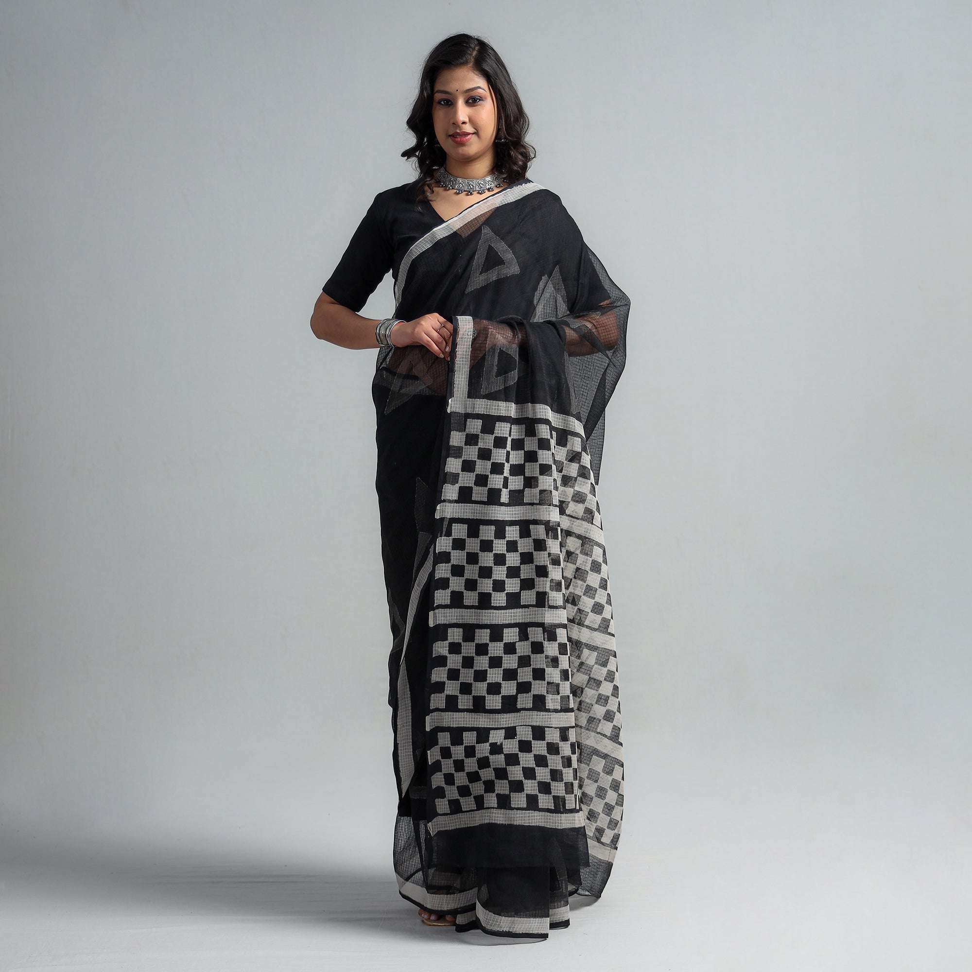 HAVELI CHRONICLES Black - Kota Doria Cotton Sanganeri Print Saree