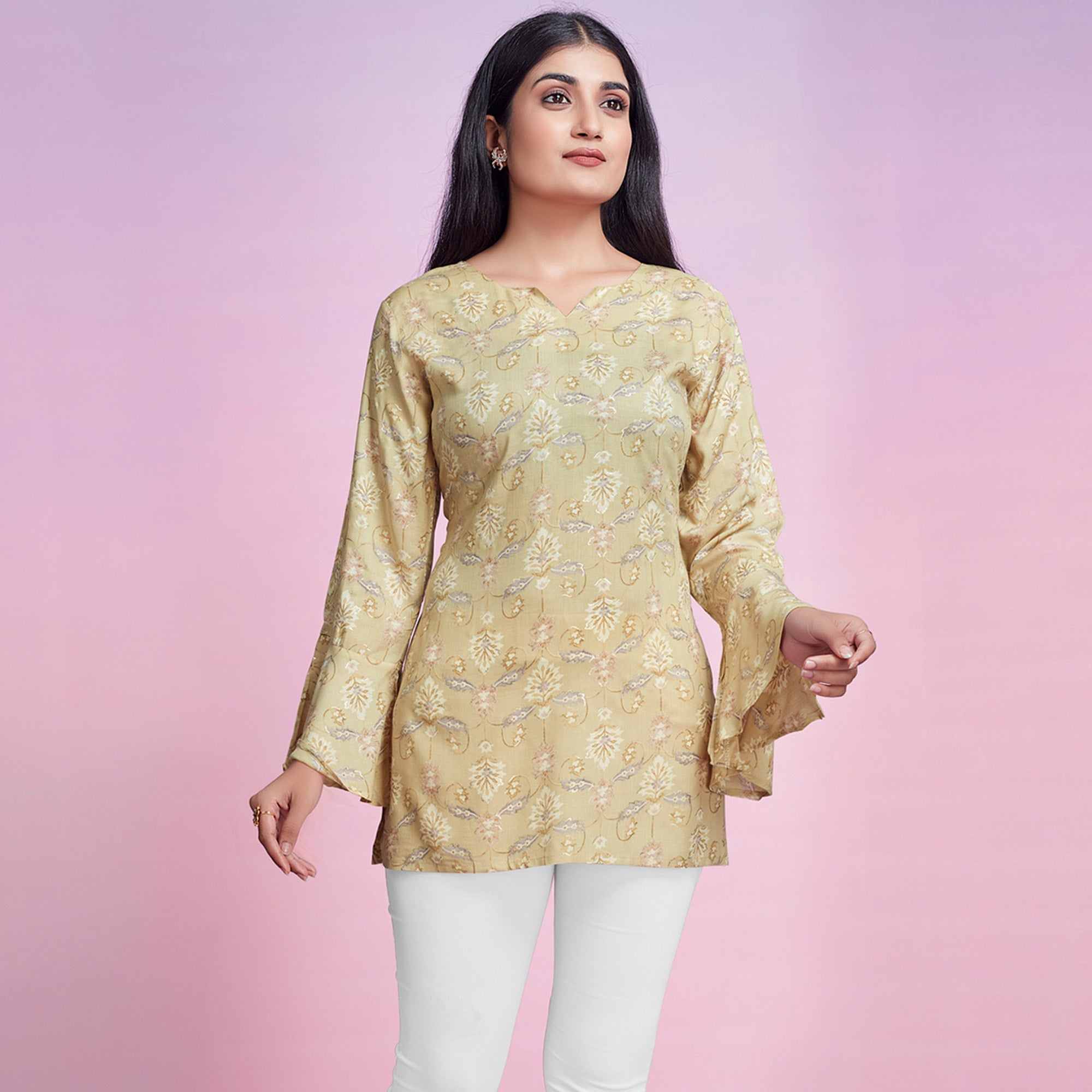 Peachmode Chikoo Floral Foil Printed Chanderi Silk Top