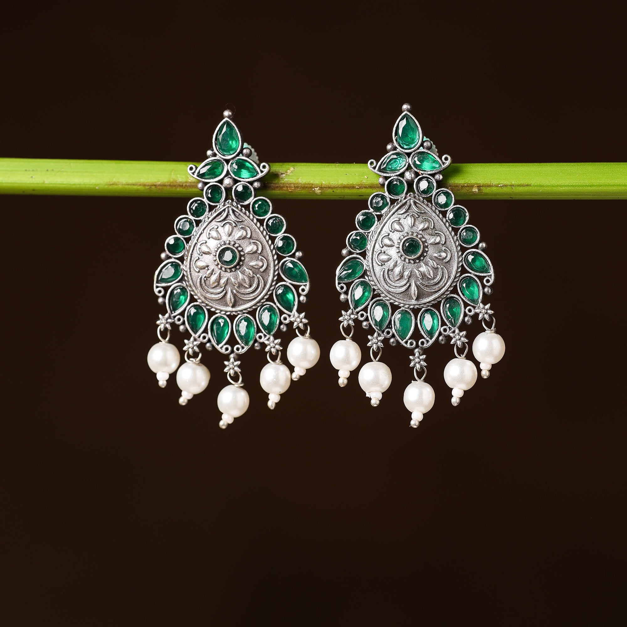 WHITE RIVER STORIES Antique Silver Finish Oxidised Brass Base Stone & Bead Work Earrings