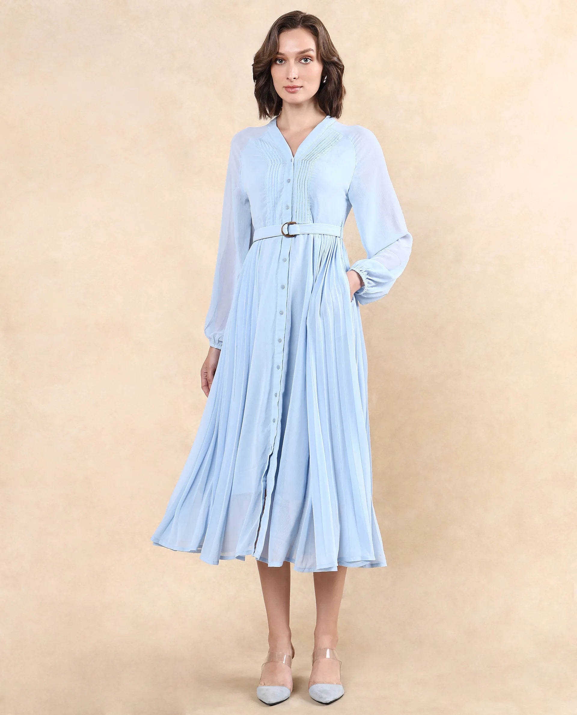 Rareism Women Jibouti Light Blue Polyester Fabric Raglan Sleeves V-Neck Button Closure A-Line Maxi Plain Dress - view 3