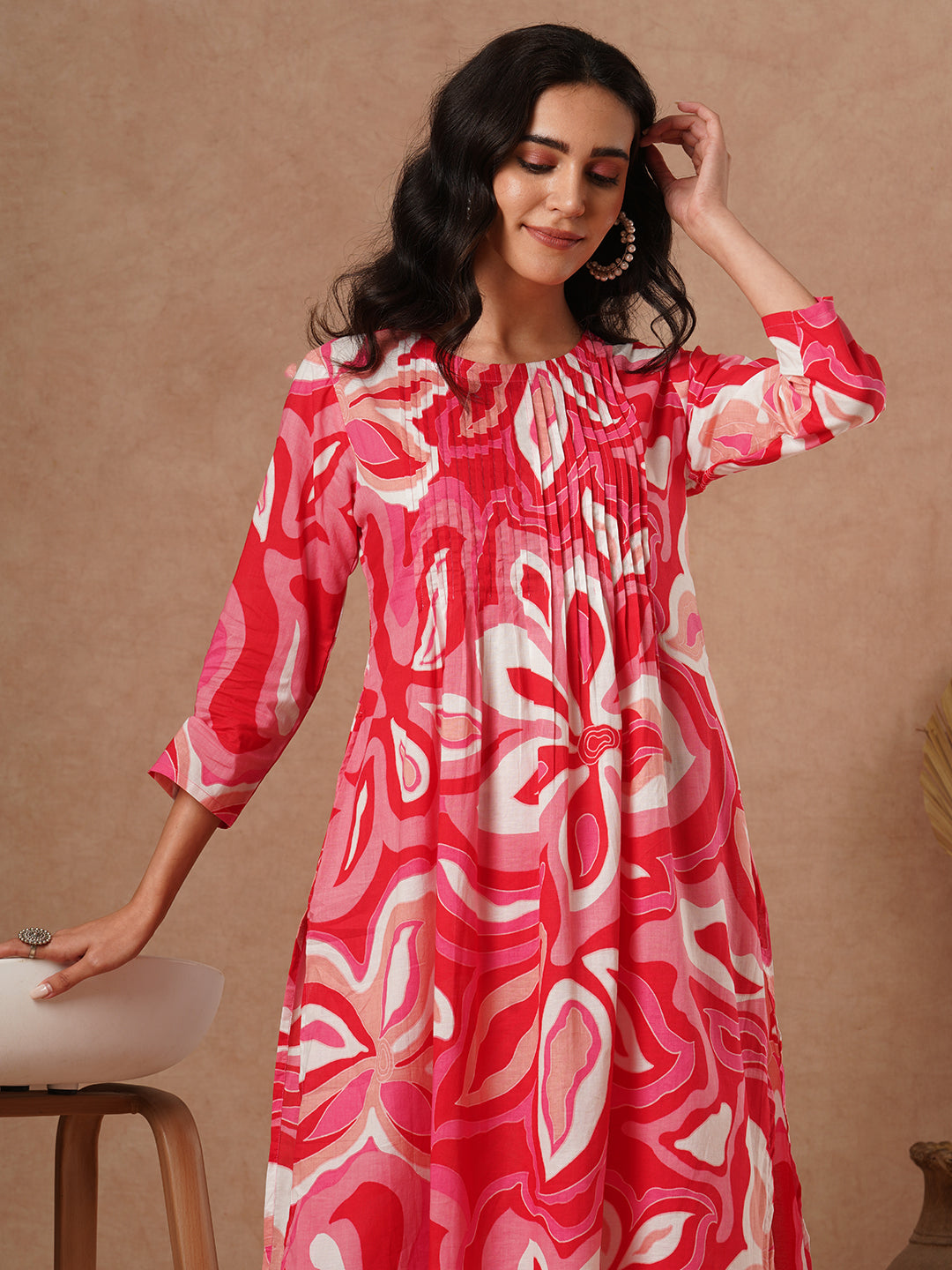 FASHOR Abstract Printed A-Line Pin Tucked Co-ord Set - Pink - view 2