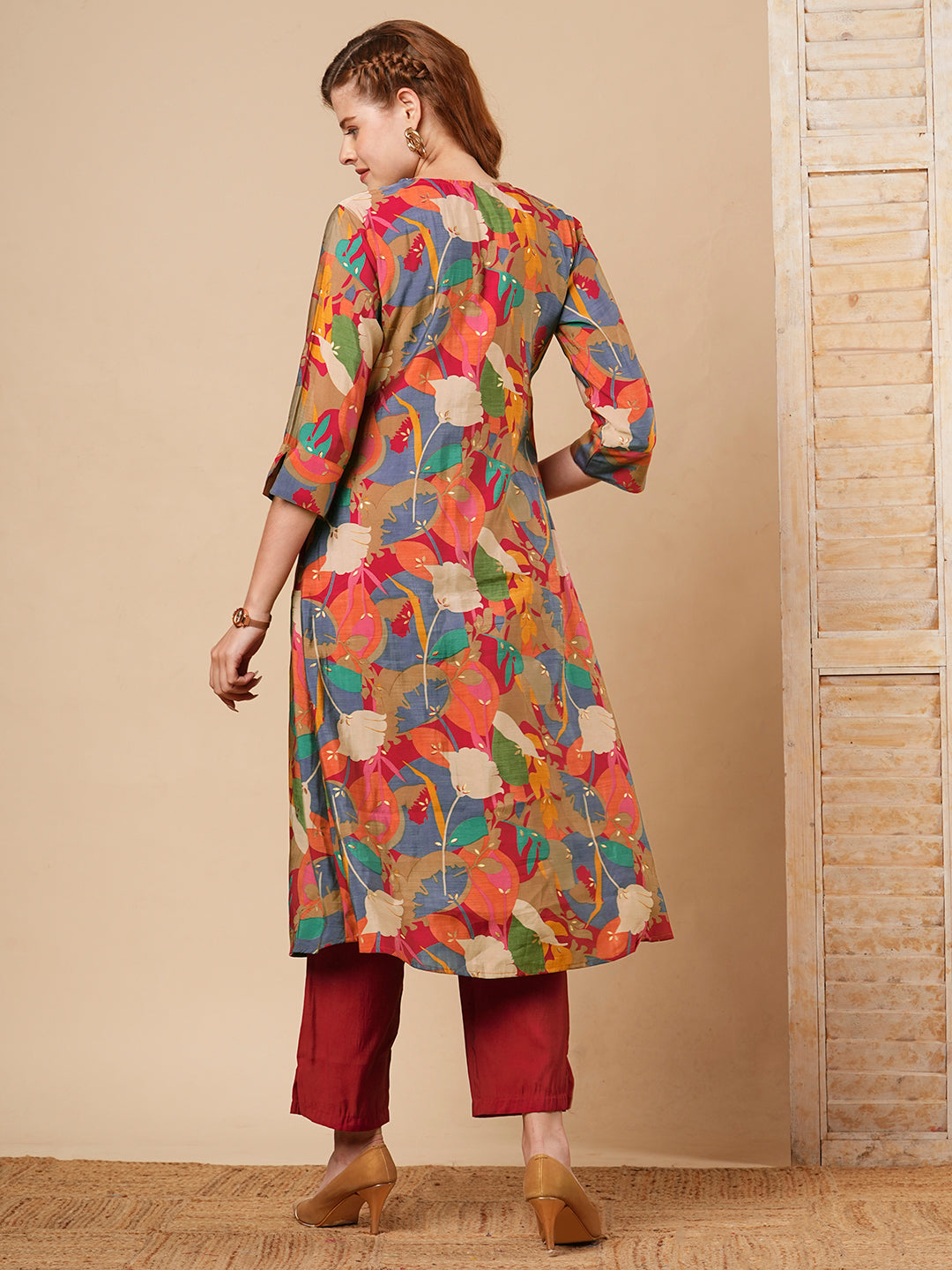 FASHOR Abstract Floral Foil Printed A-Line Kurta with Pant - Multi - view 6