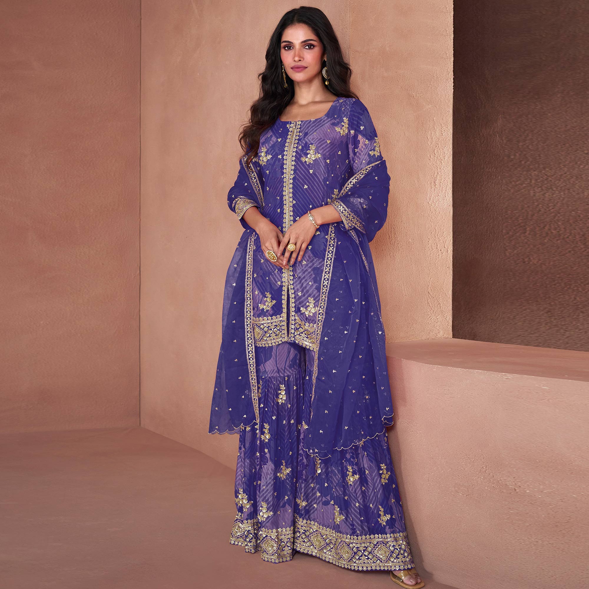 Peachmode Violet Sequins Embroidered Georgette Sharara Suit