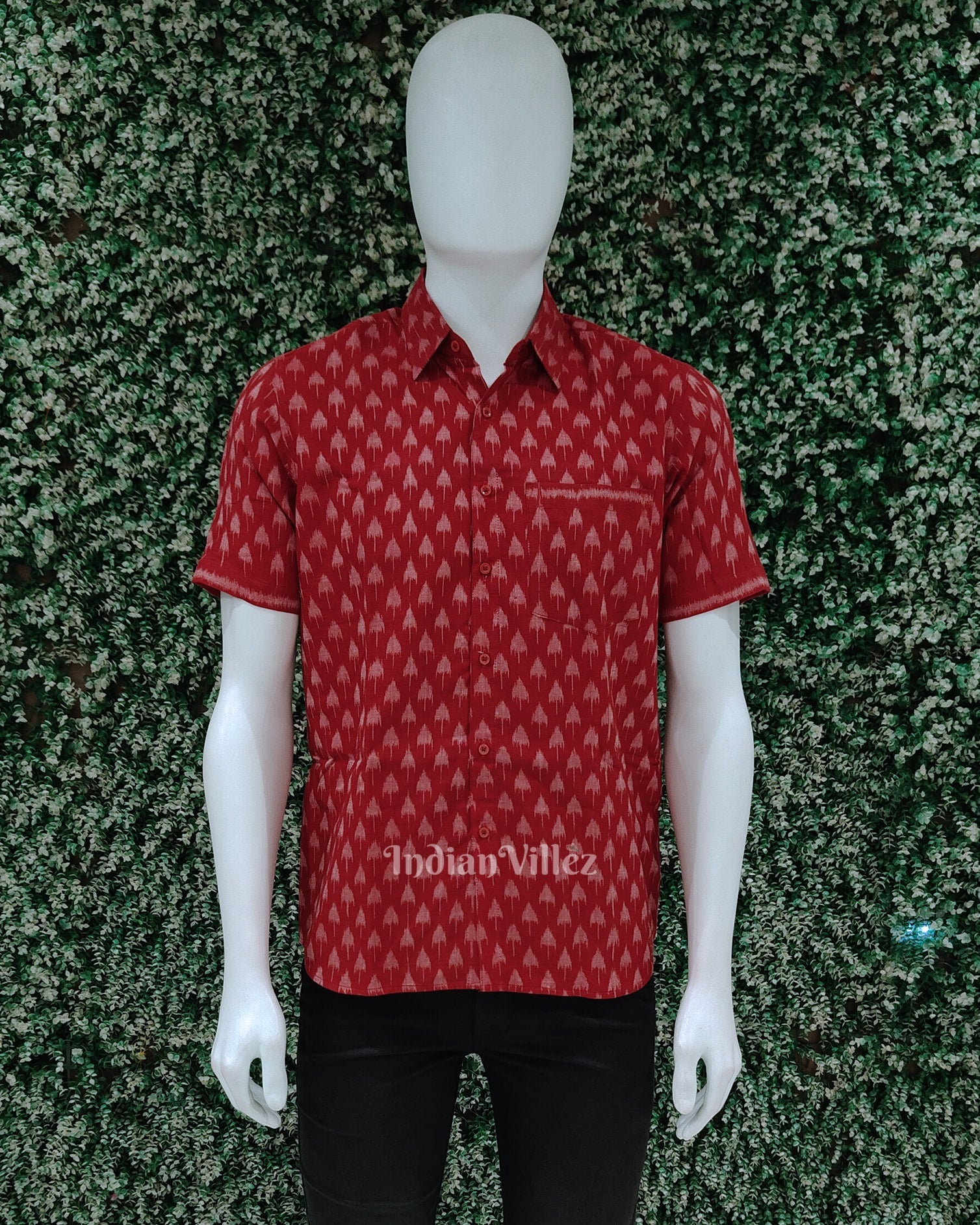 IndianVillèz Red Odisha Ikat Cotton Half Sleeve Shirt for Men