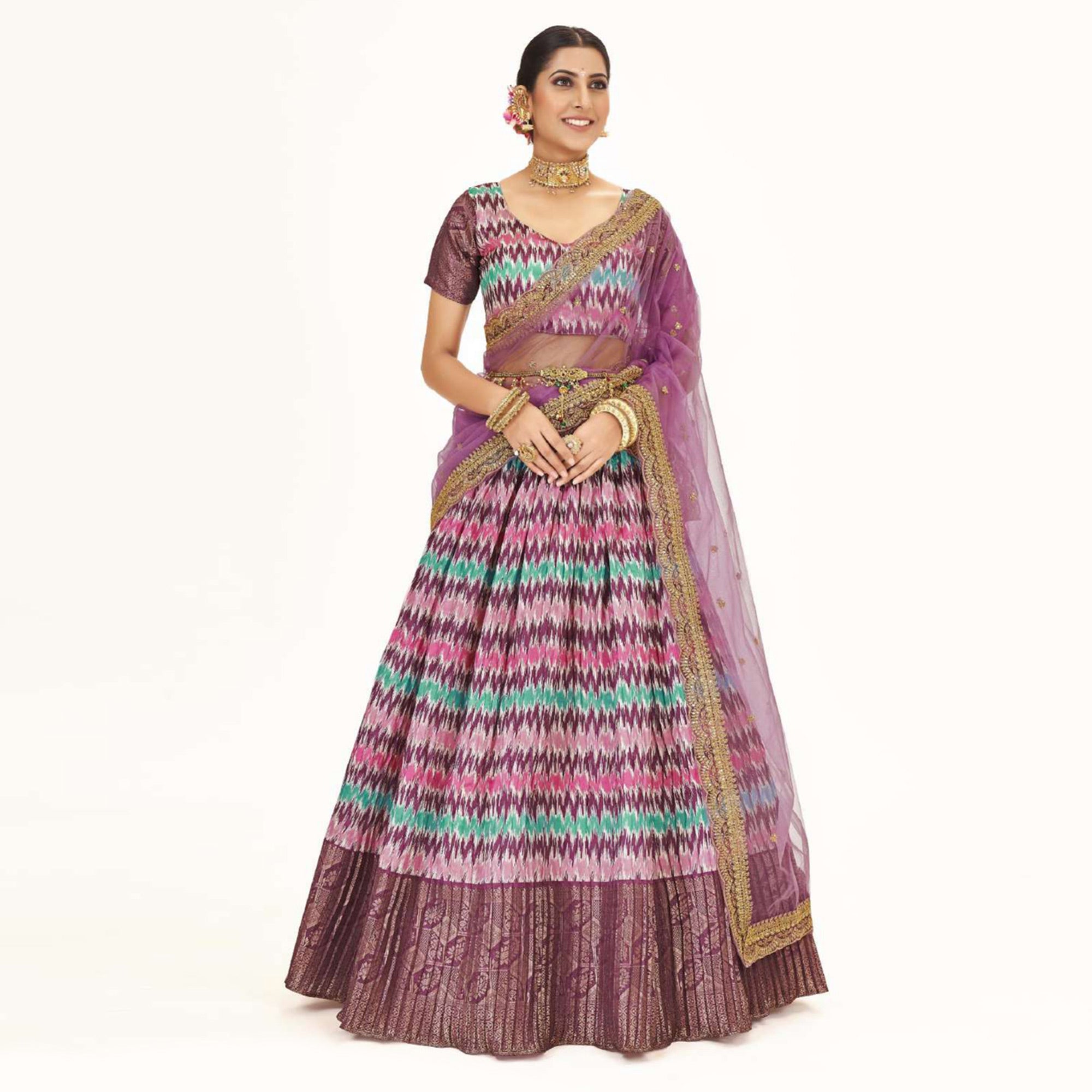 Peachmode Multicolor Digital Printed With Zari Work Art Silk Lehenga Choli