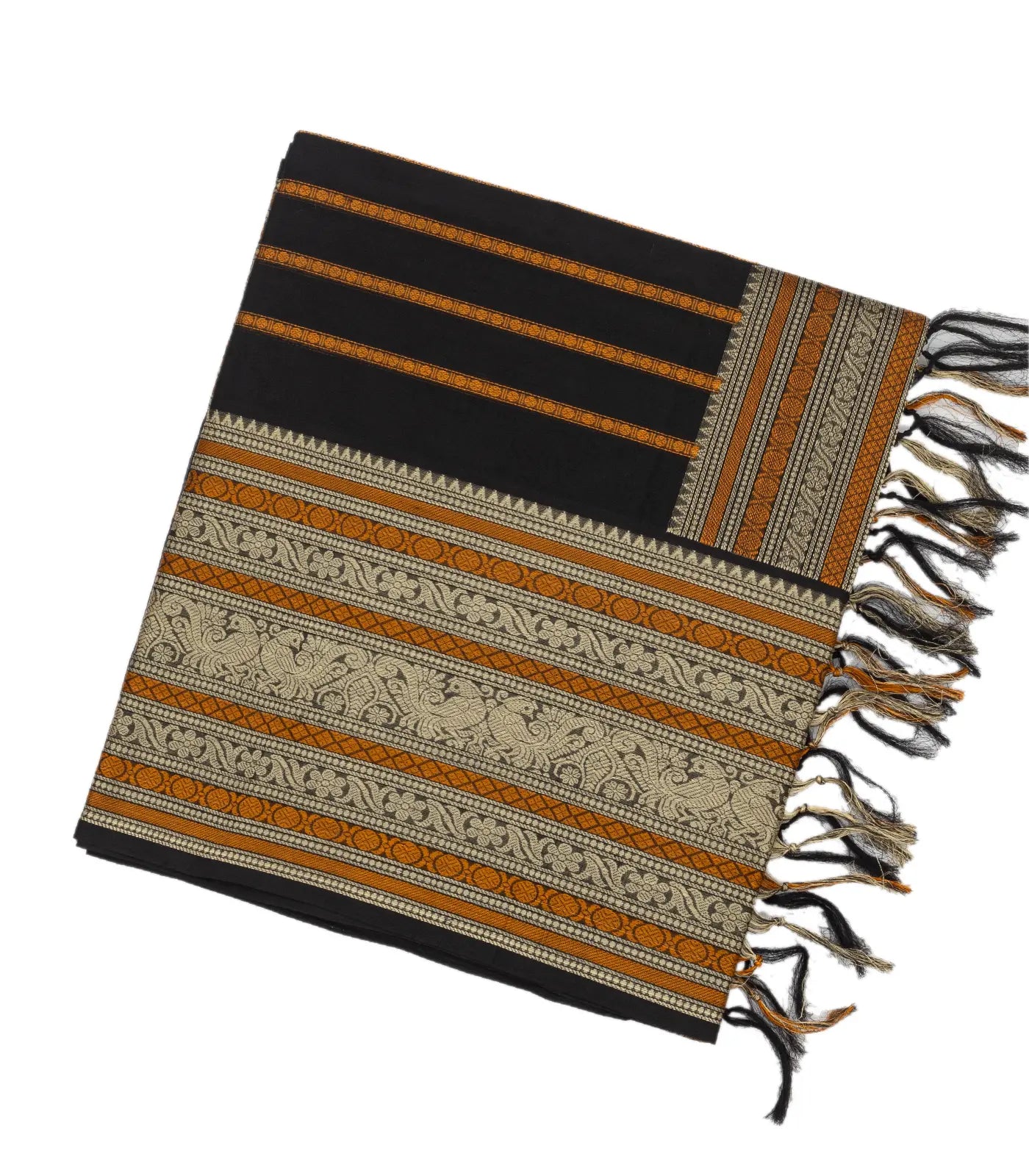 RmKV Black Handloom Silk Cotton Saree With Beldari Stripes