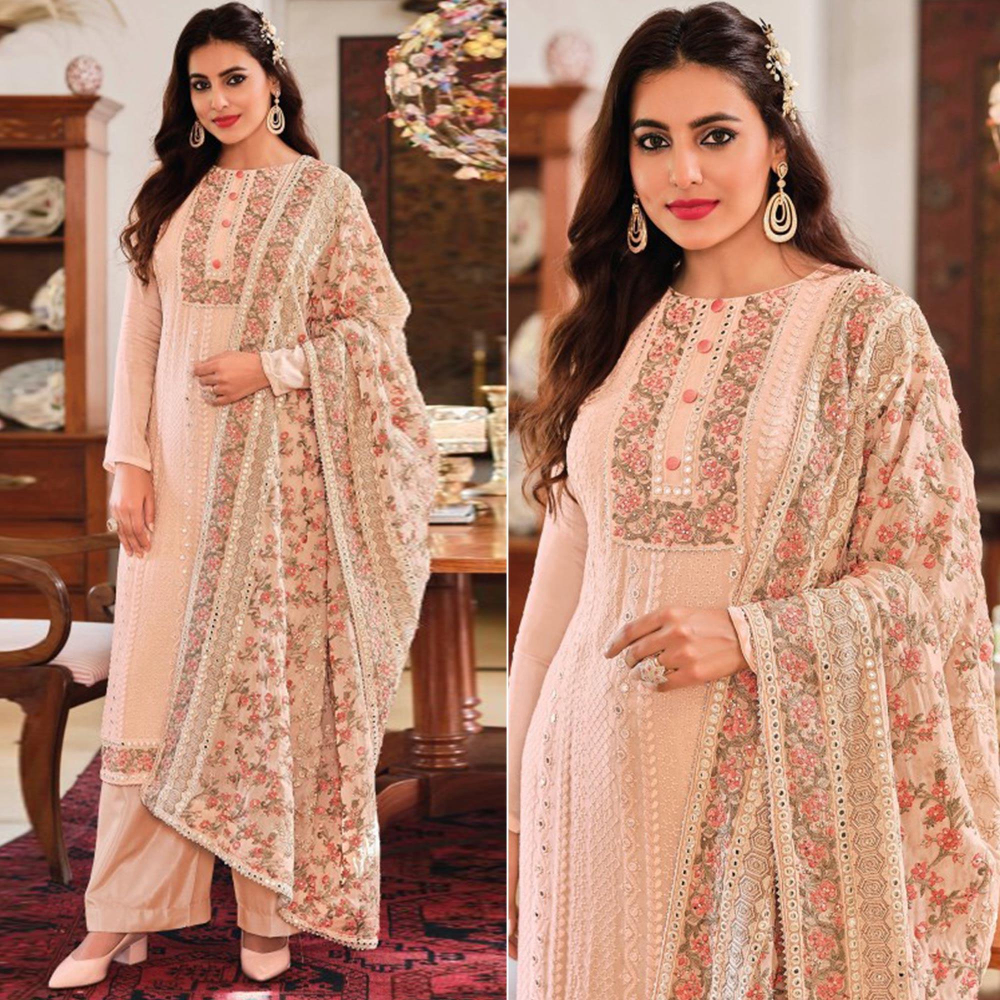 Peachmode Light Peach Embroidered With Mirror Work Georgette Palazzo Suit