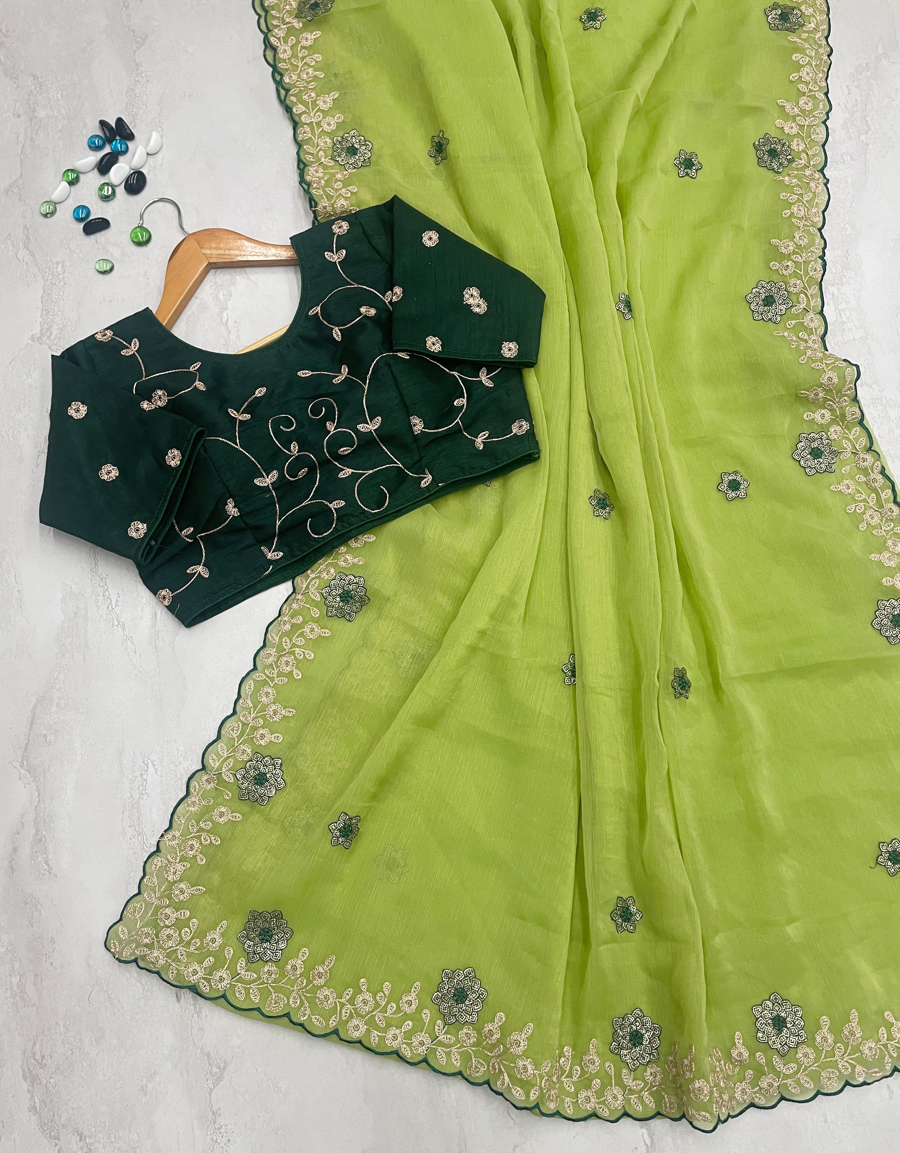 ClothsVilla Parrot Green Kasoli Silk Saree with Beautiful Embroidery and Contrast Thread Work