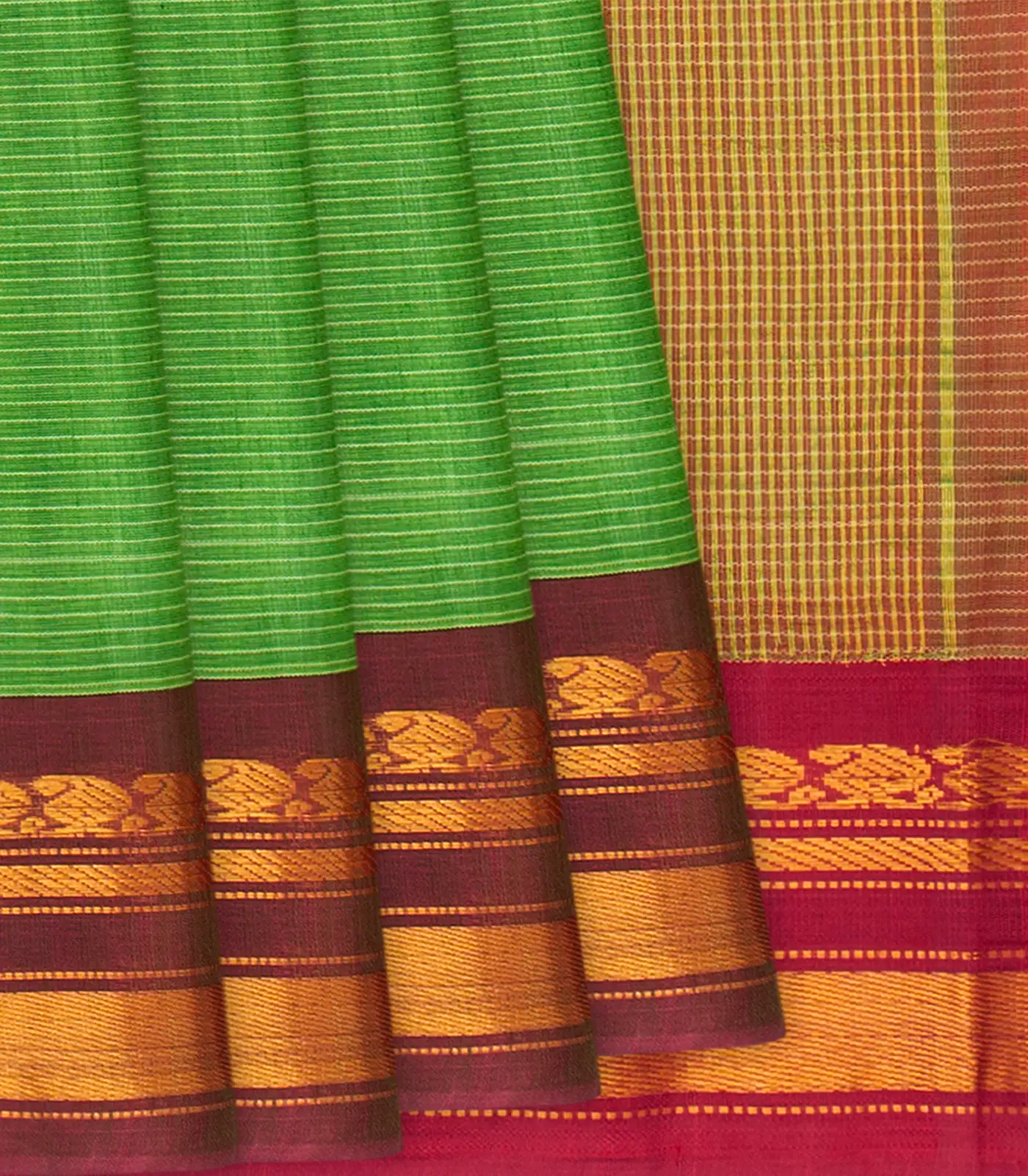 RmKV Light Green Handloom Gadwal Cotton Saree With Stripes -Light Green