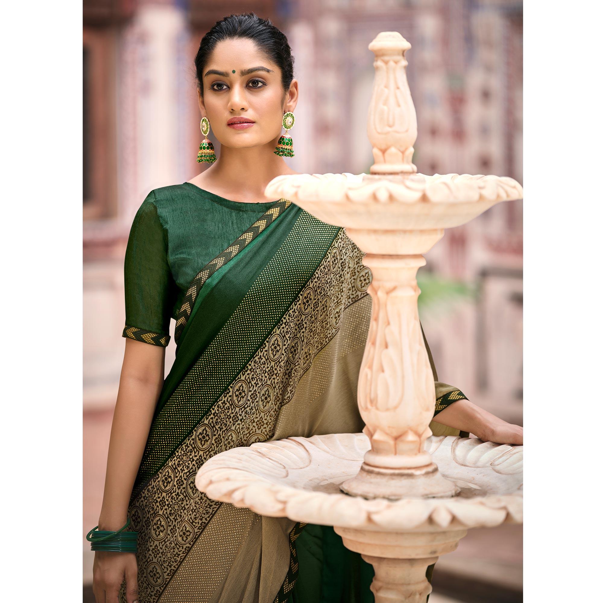 BlackTree green-casual-wear-printed-moss-saree-with-fancy-zari-border-128173 - view 2