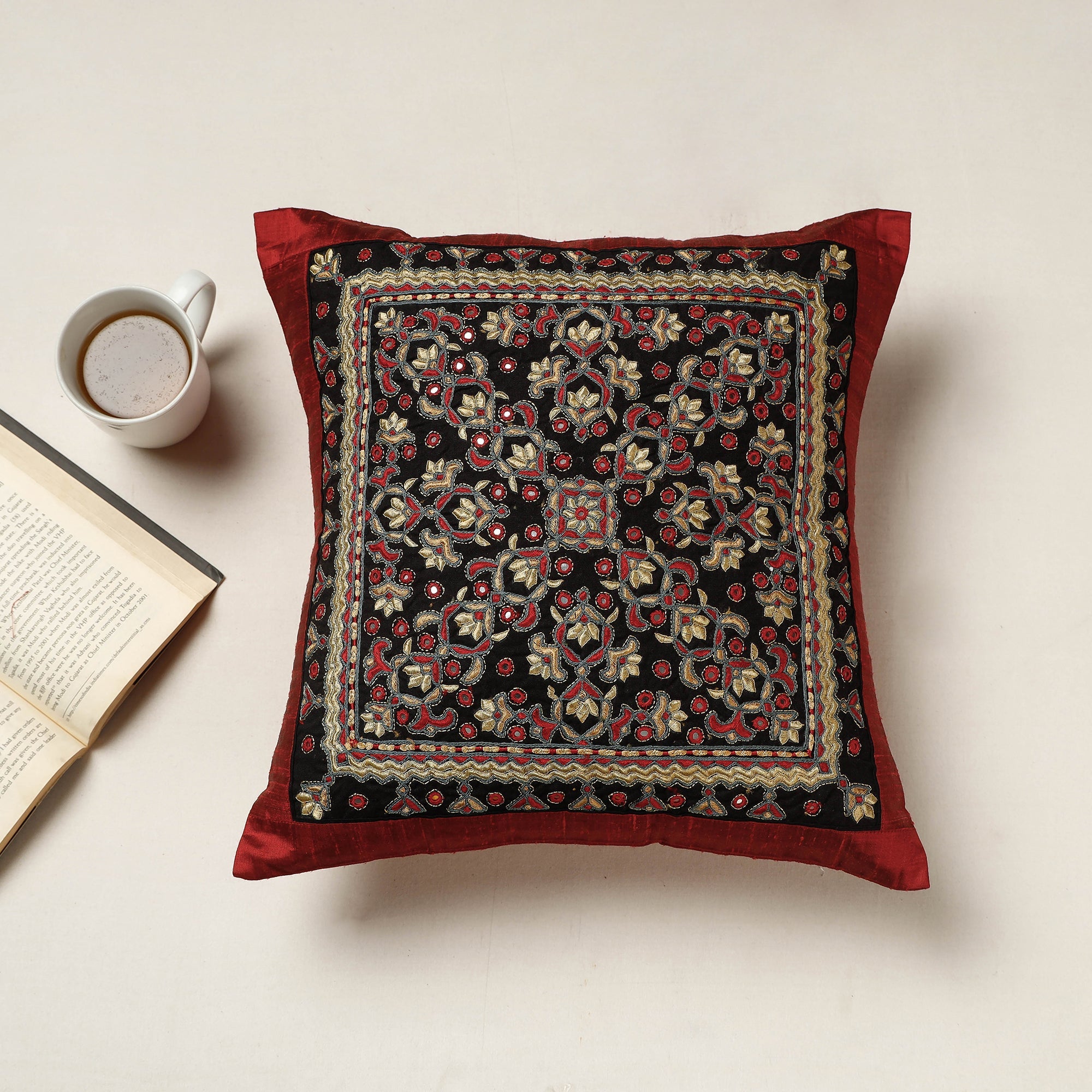 QASAB Black - Kutch Neran Hand Embroidered Silk Cushion Cover (16 x 16 in)
