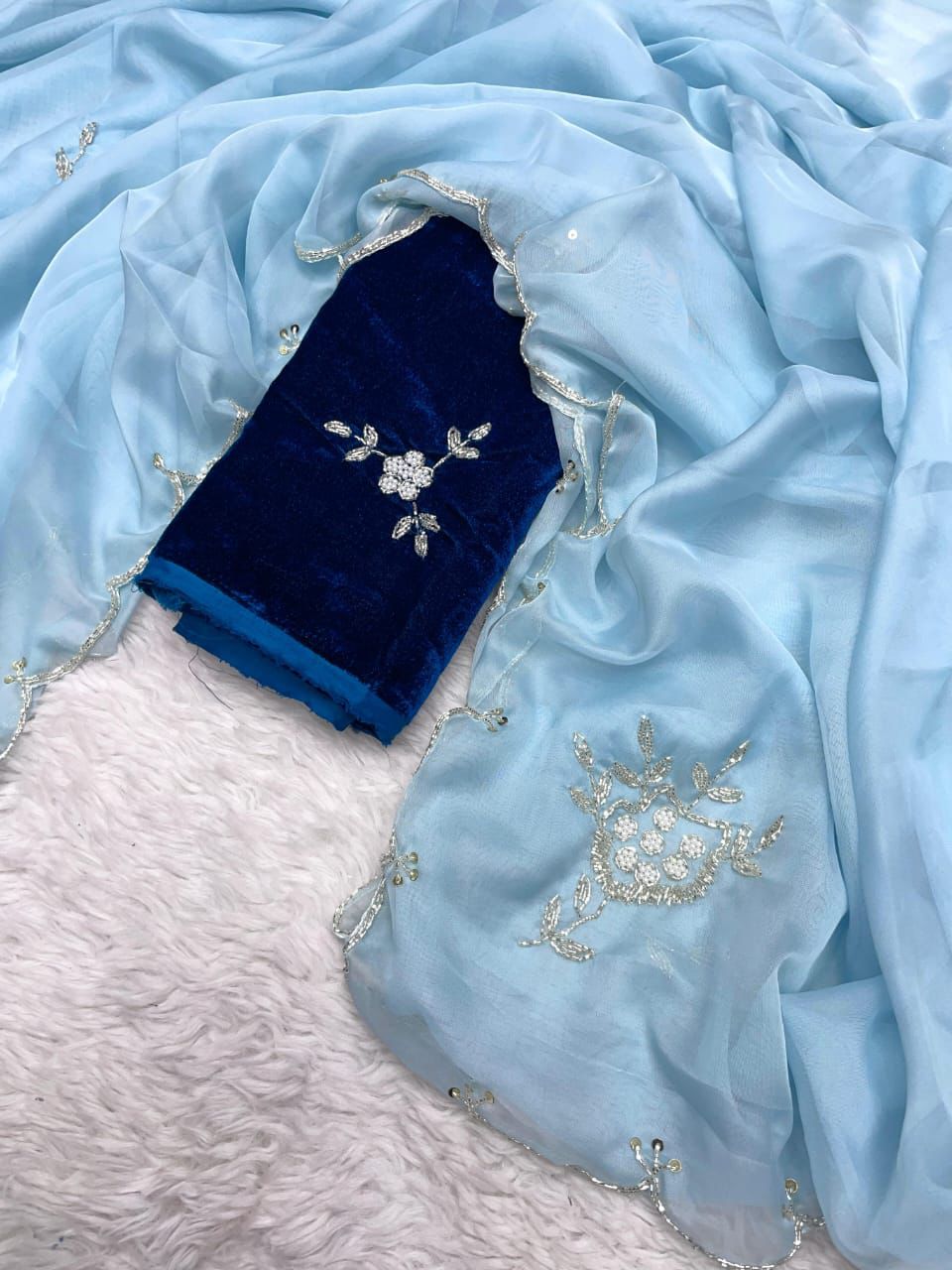 ClothsVilla Sky Blue Soft Organza Saree with Exquisite Handwork & Velvet Silk Blouse - view 2