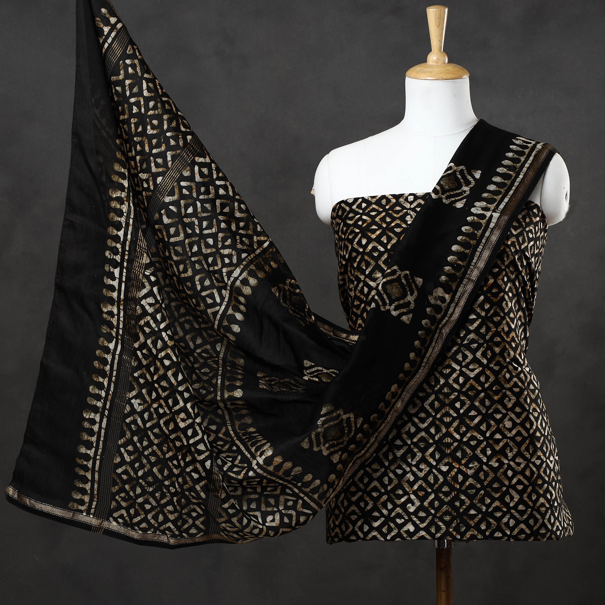 BATIK BY MD. SHARIFF Black - 3pc Chanderi Silk Hand Batik Print Dress Material