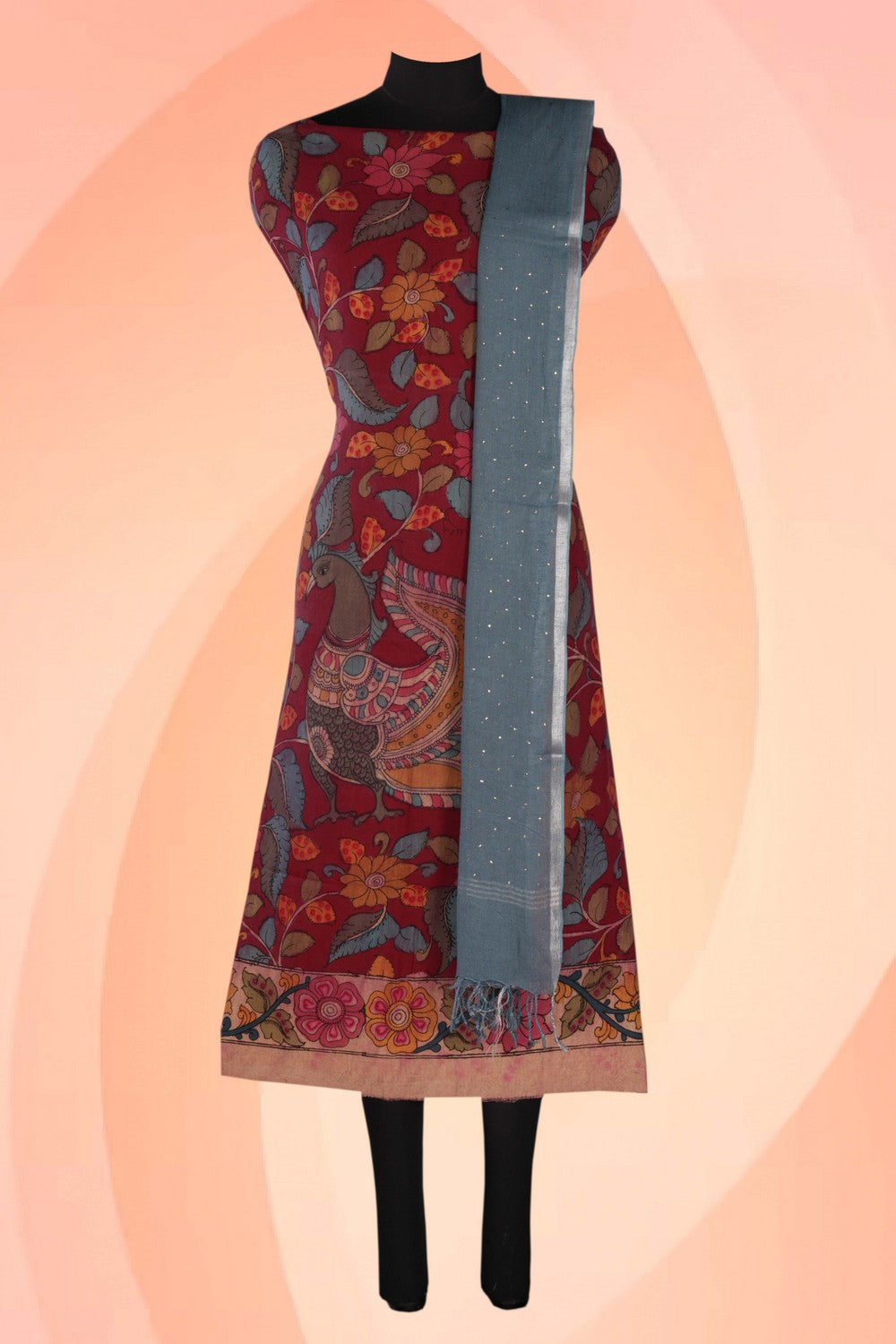 Kalanjali Kalamkari Unstitched Suit With Dupatta (2 Pcs Set)
