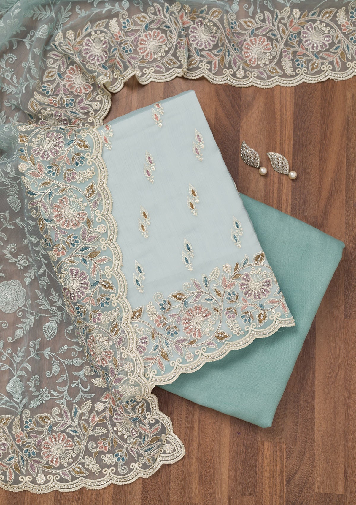 Koskii Sky Blue Chiffon Semi Crepe Unstitched Salwar Suit
