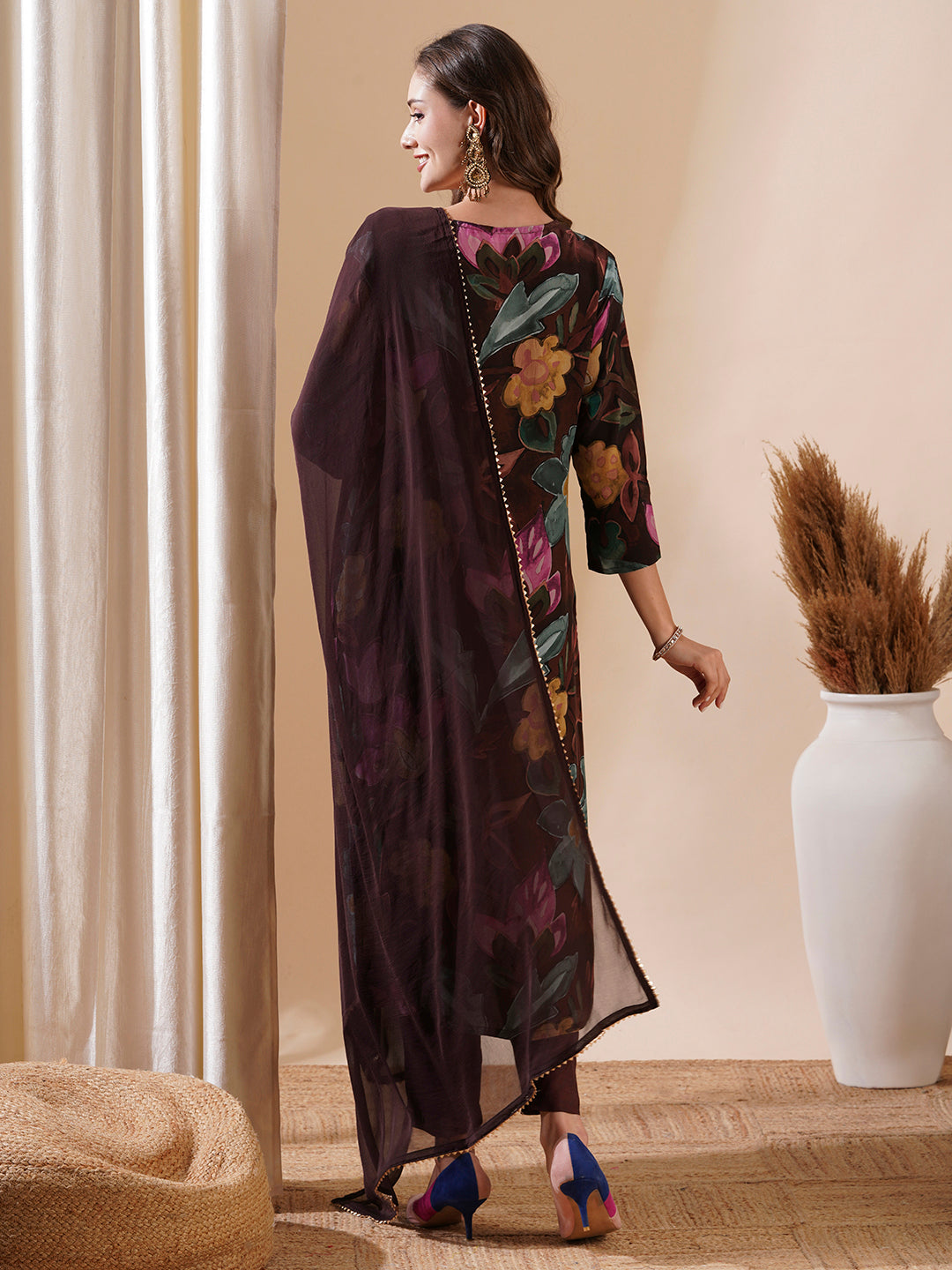Fashor Floral Printed Sequins Aari Embroidered Kurta with Pants & Dupatta - Brown - view 6