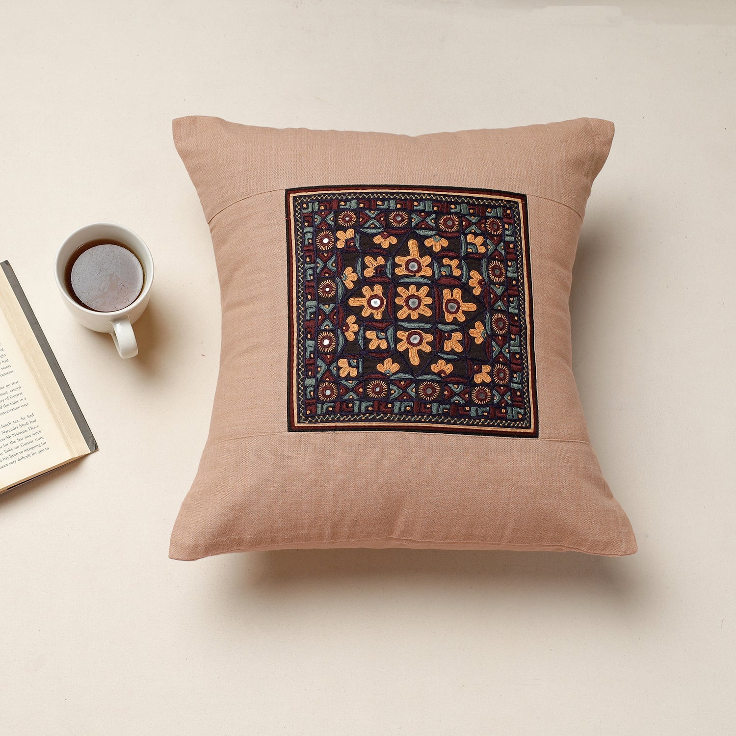 QASAB Beige - Kutch Pakko Hand Embroidery Cotton Cushion Cover (16 x 16 in)