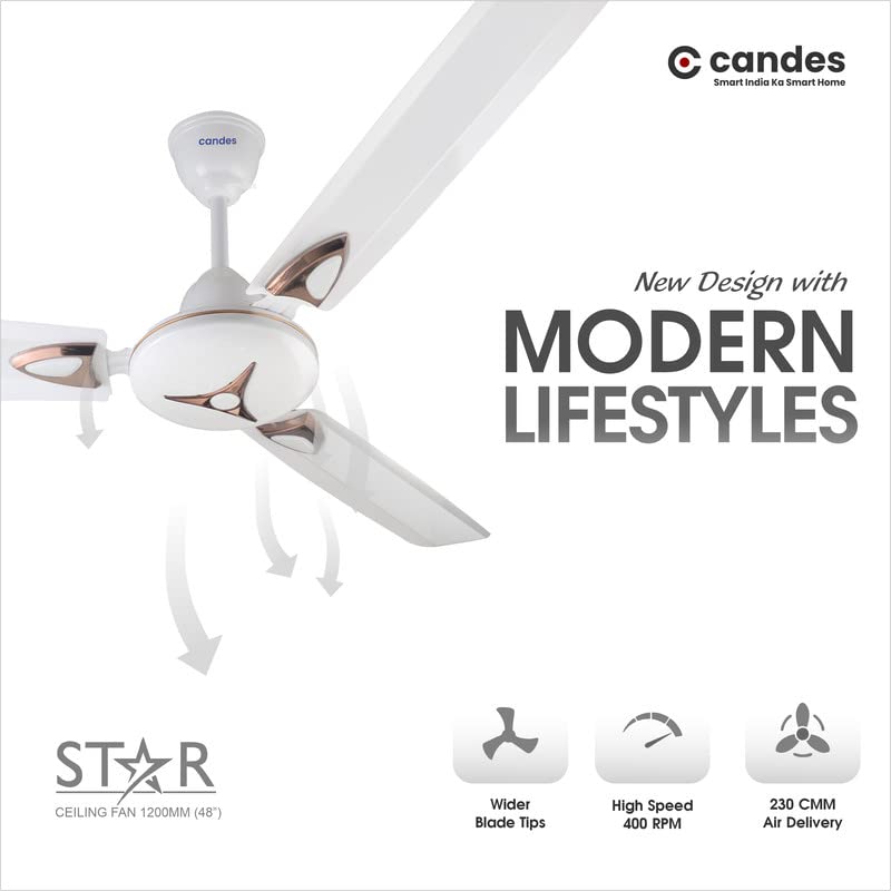 Candes Star High Speed Decorative Anti-Dust Ceiling Fan with 405 RPM with 2 Years Of Warranty (1200mm, White) (Pack of 1) - view 3