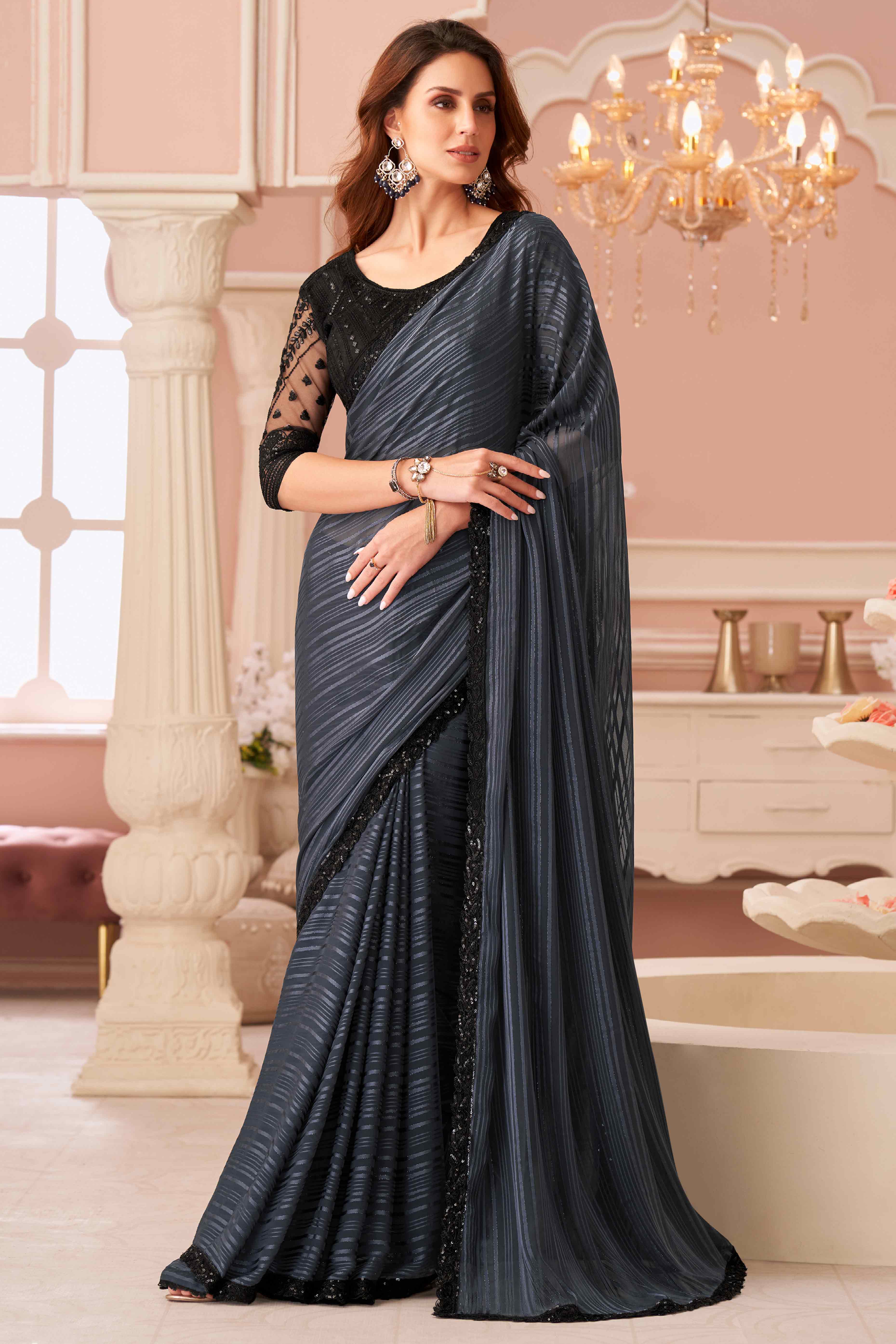 Peachmode Grey Sequins Embroidered Georgette Saree
