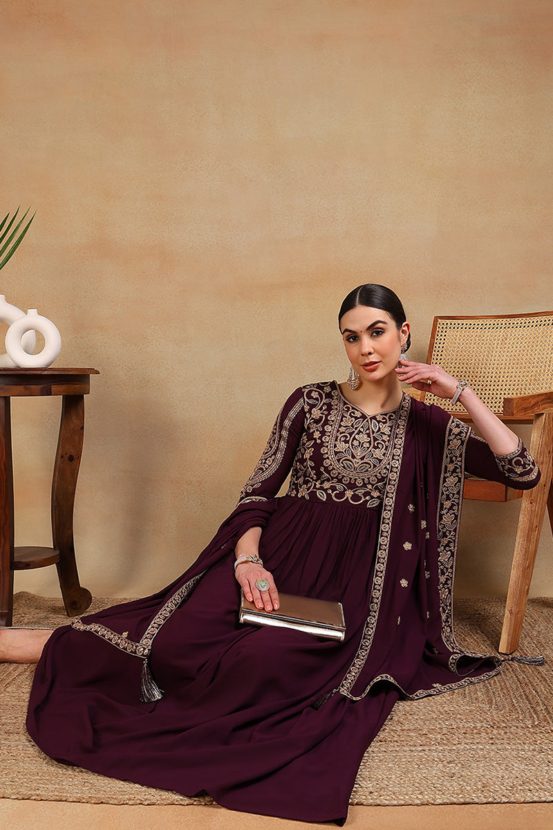 Ahika Maroon Poly Georgette Embroidered Anarkali Kurta Set VKSET1513 - view 5