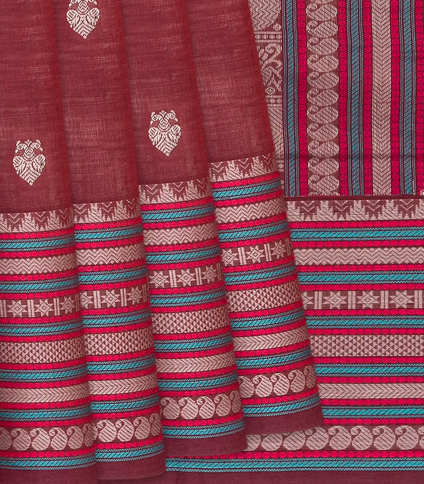 RmKV Maroon Handloom Kanchi Cotton Saree With Gandaberunda Buttas-Maroon