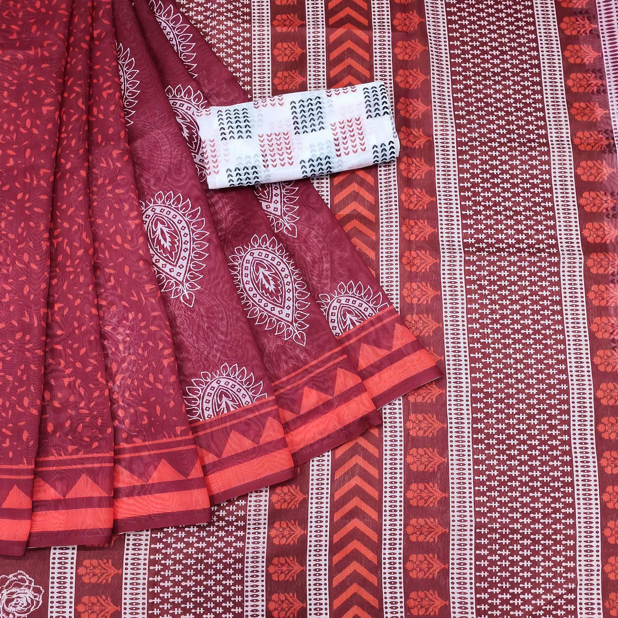 Peachmode Maroon Casual Wear Printed Chanderi Saree