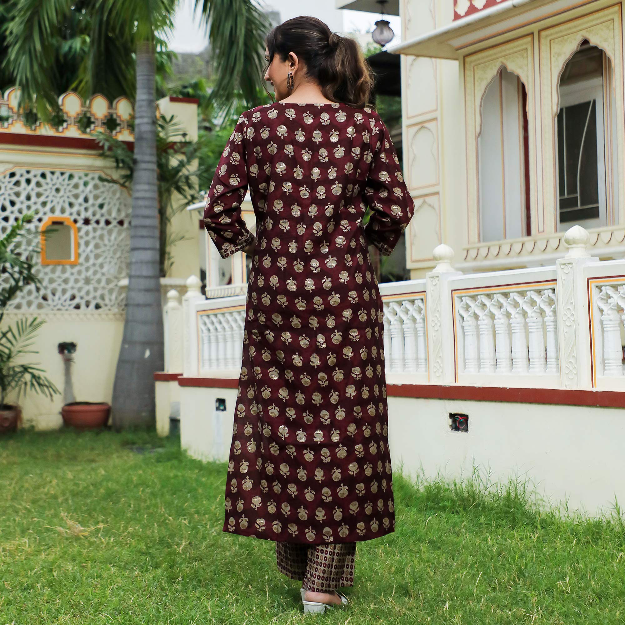 Peachmode Maroon Floral Foil Printed Modal Suit - view 7