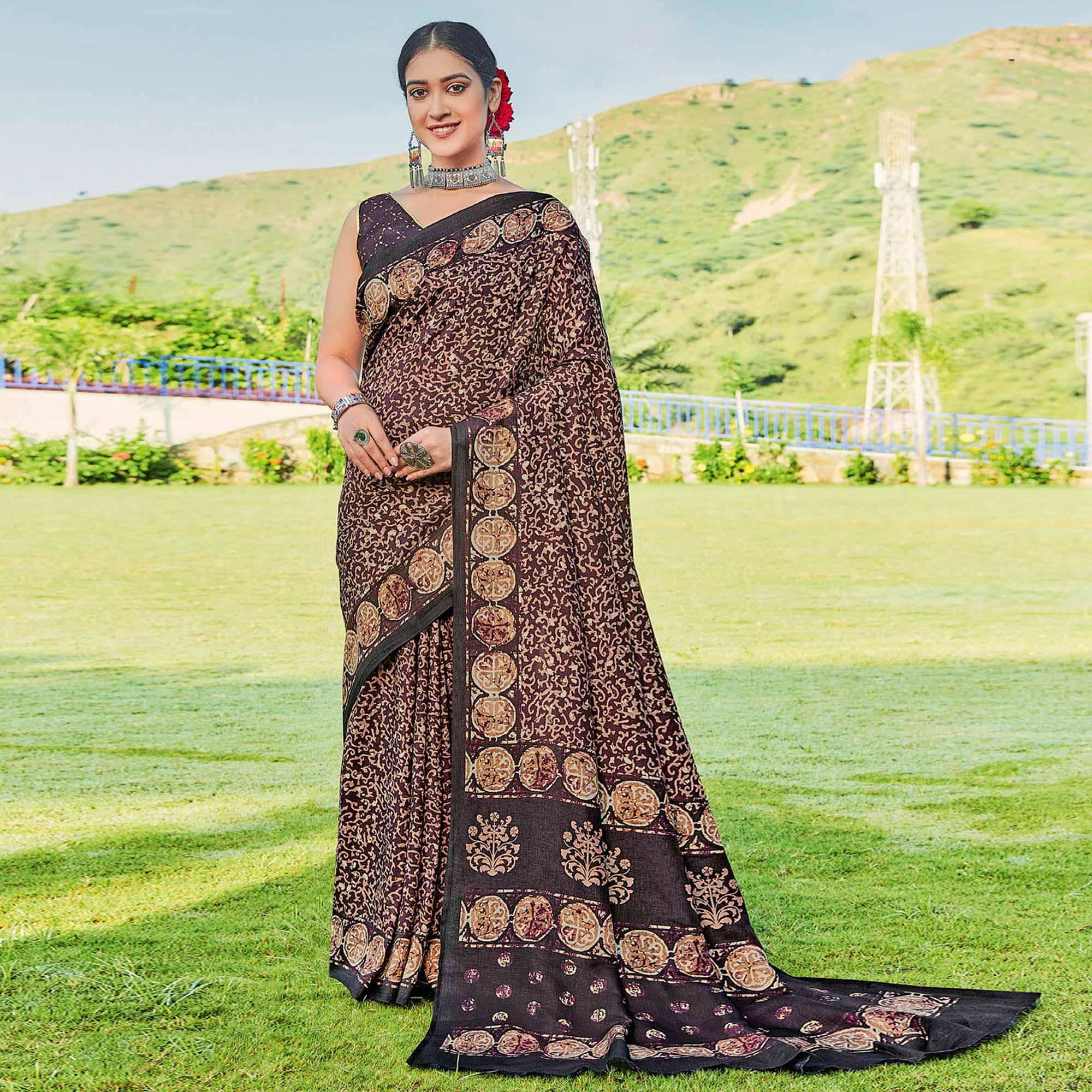 Peachmode Dark Purple Printed Cotton Silk Saree