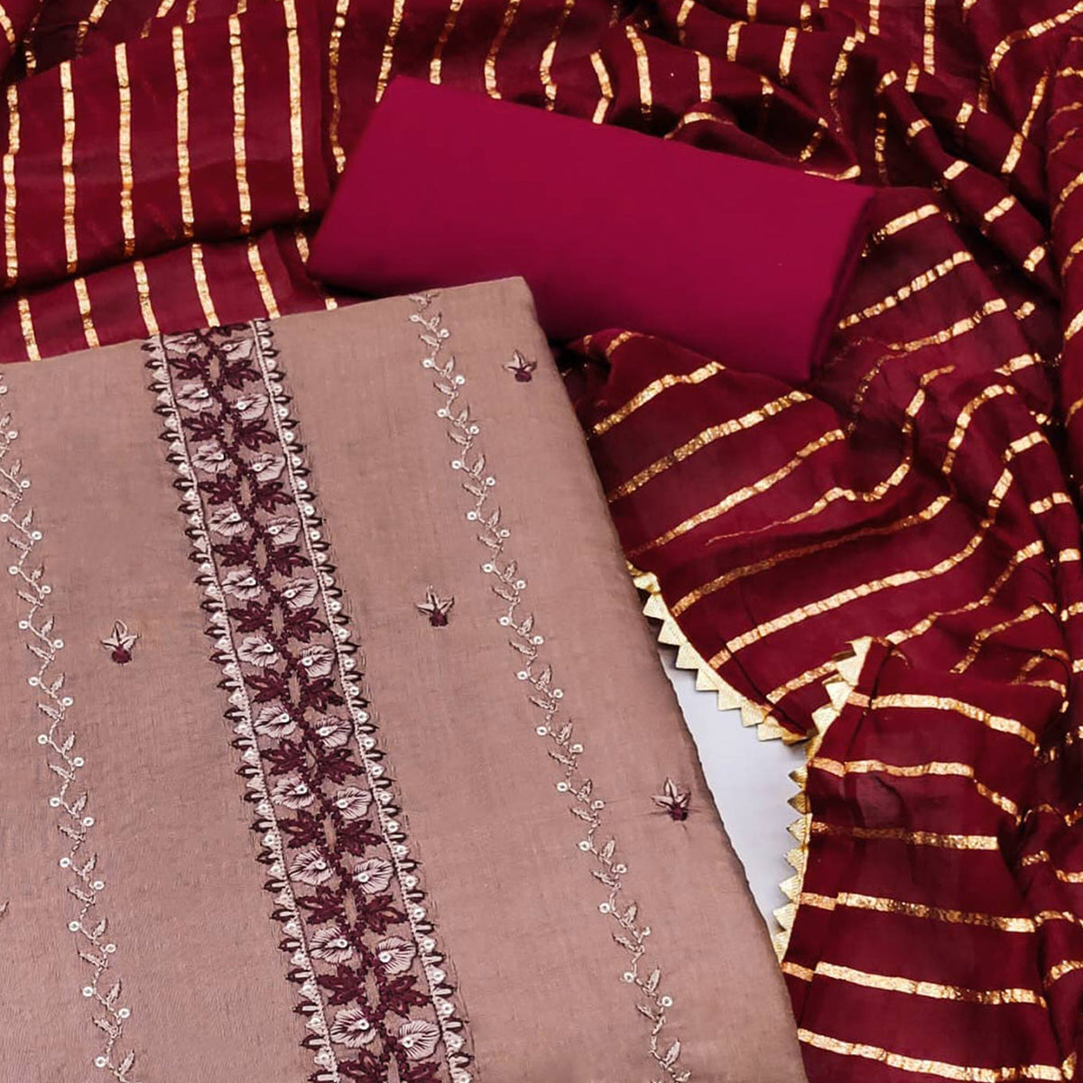 Peachmode Brown Embroidered Sequins Cotton Blend Dress Material - view 2