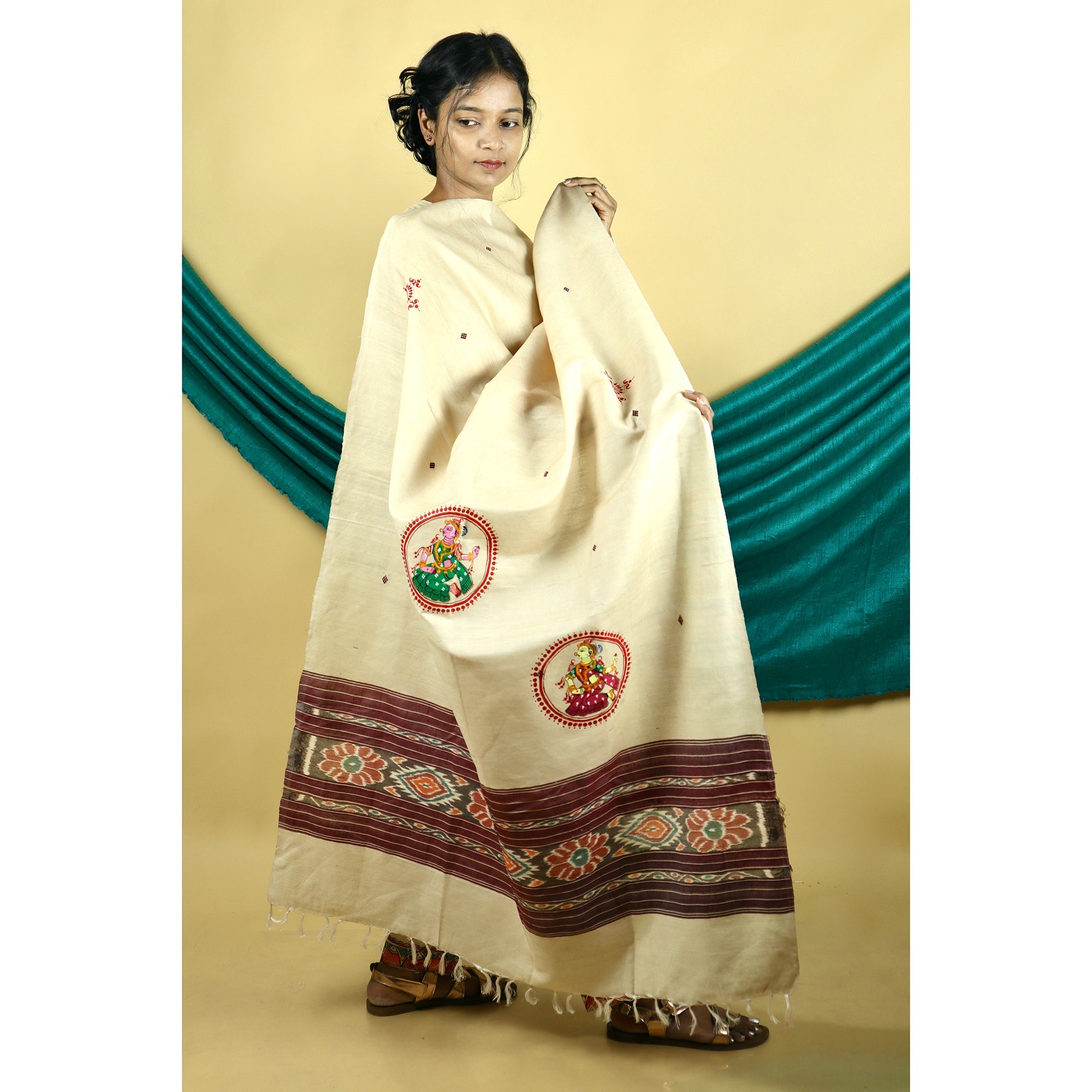 DIORAMA DESIGNS Beige - Pattachitra Ikkat Handpainted Dupatta - view 2