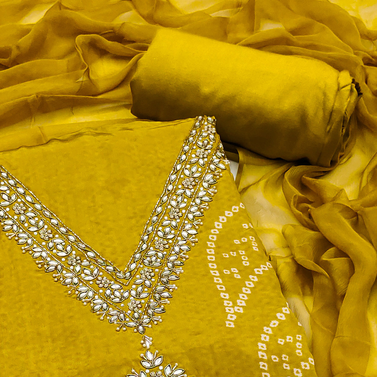 Peachmode Mustard Printed With Handwork Muslin Dress Material - view 2