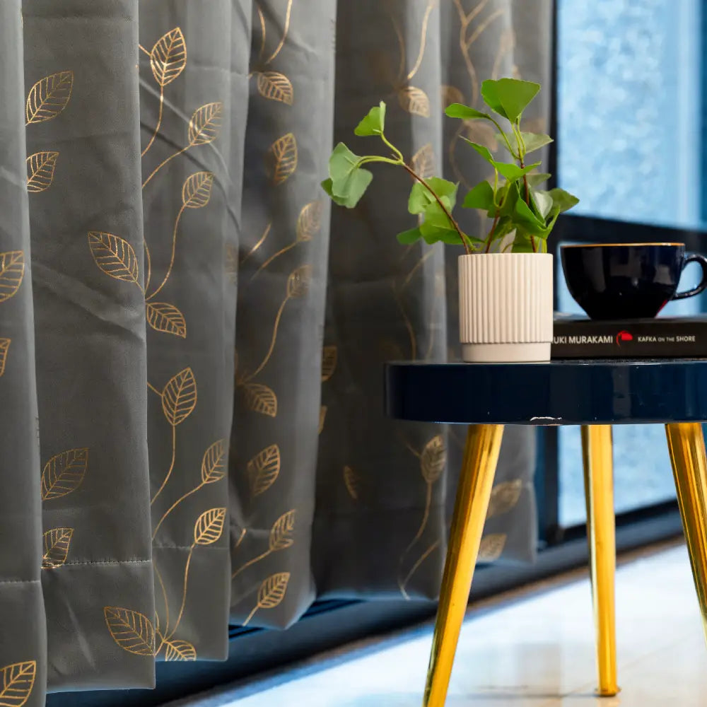Urban Space -Home Furnishing Store Gold Foil Printed 80-85% Blackout Curtains - Pack of 1 - Leaf- Grey