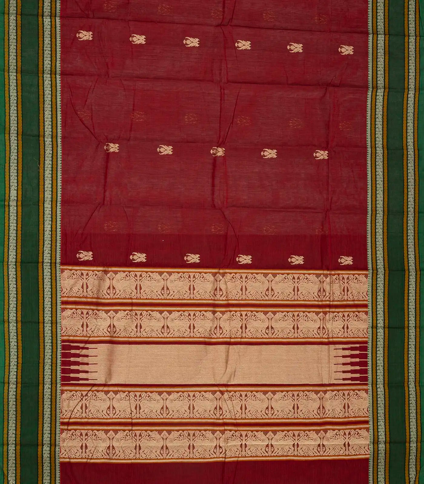 RmKV Crimson Handloom Kanchi Cotton Saree With Parrot Buttas. - view 2