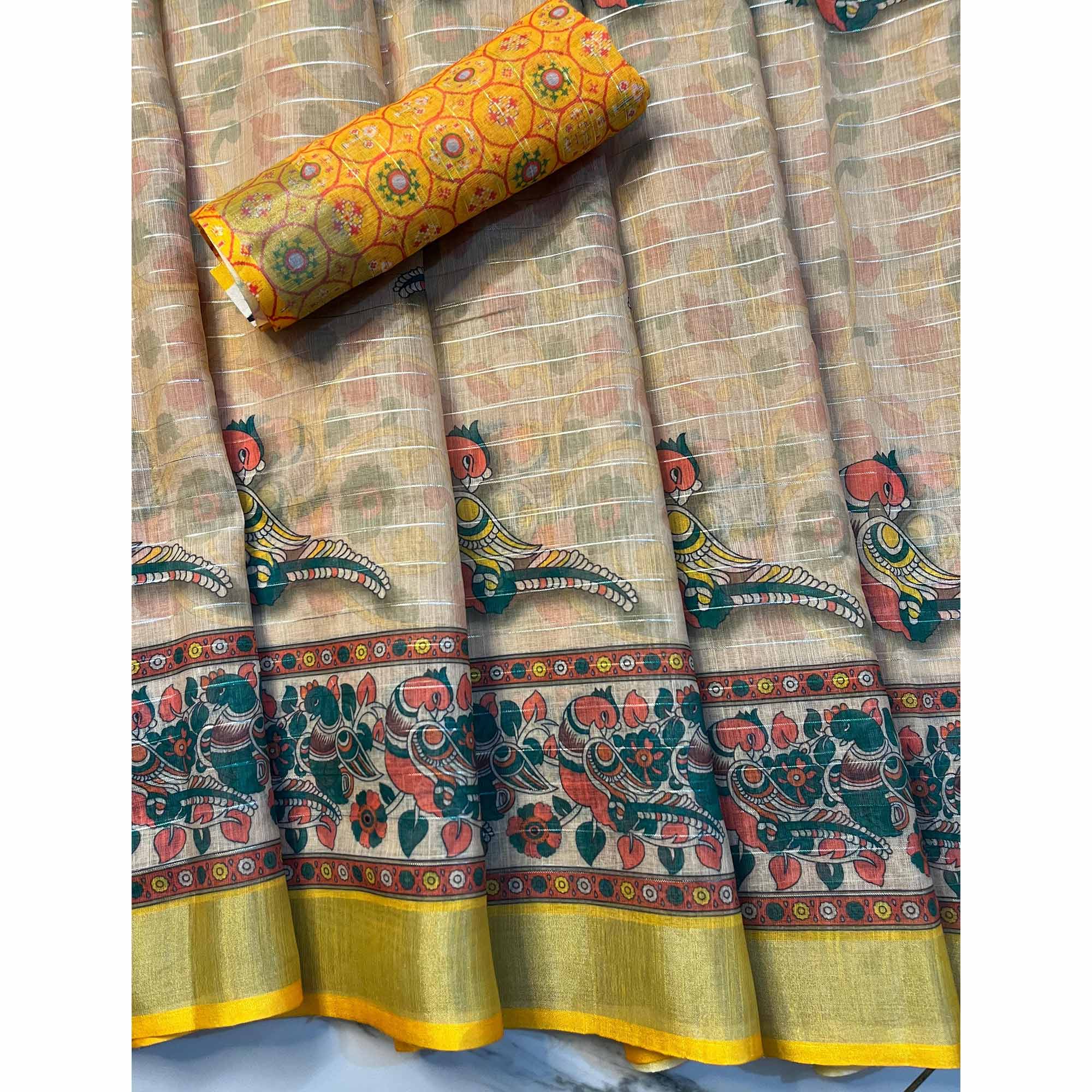 Peachmode Chikoo Digital Printed Linen Saree – Women's - view 3