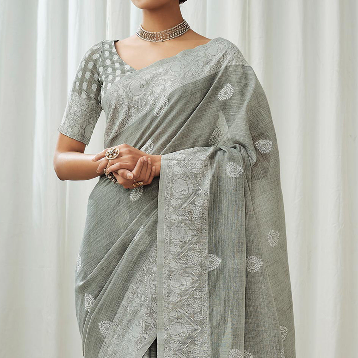 Peachmode Grey Woven Linen Saree – Women's - view 3