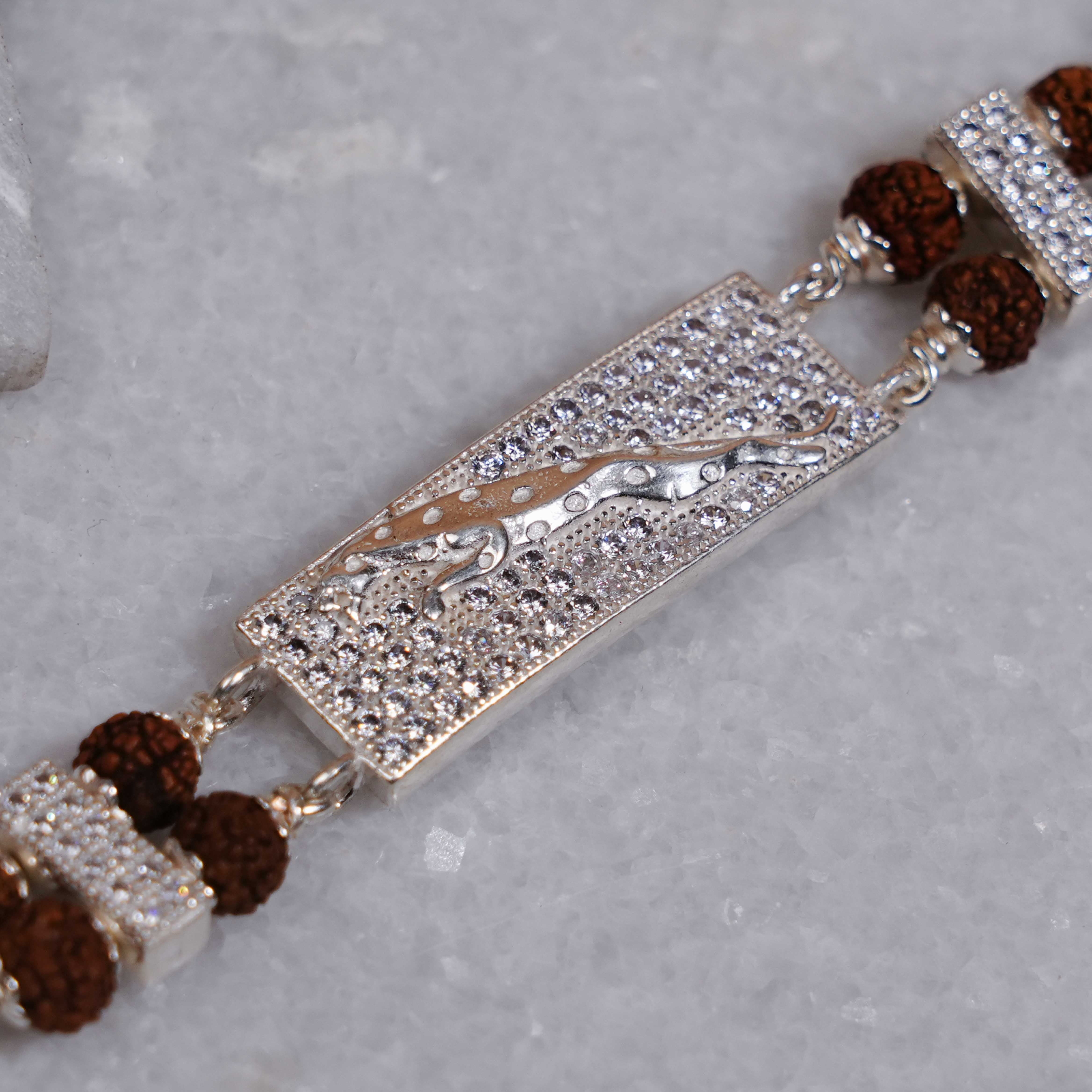 Prinjal Jewellers Rudraksha Silver Bracelet with Jaguar in Square Shape Double Line for Men