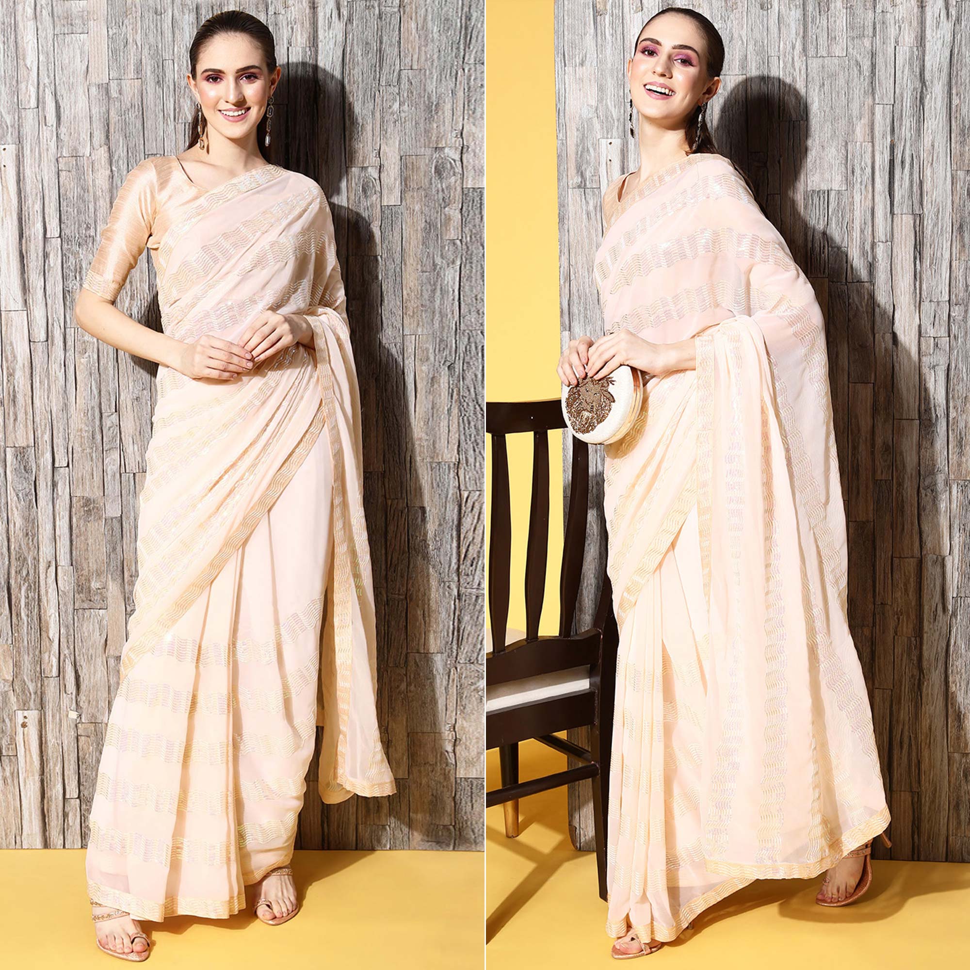 Peachmode Cream Sequins Embroidered Georgette Saree
