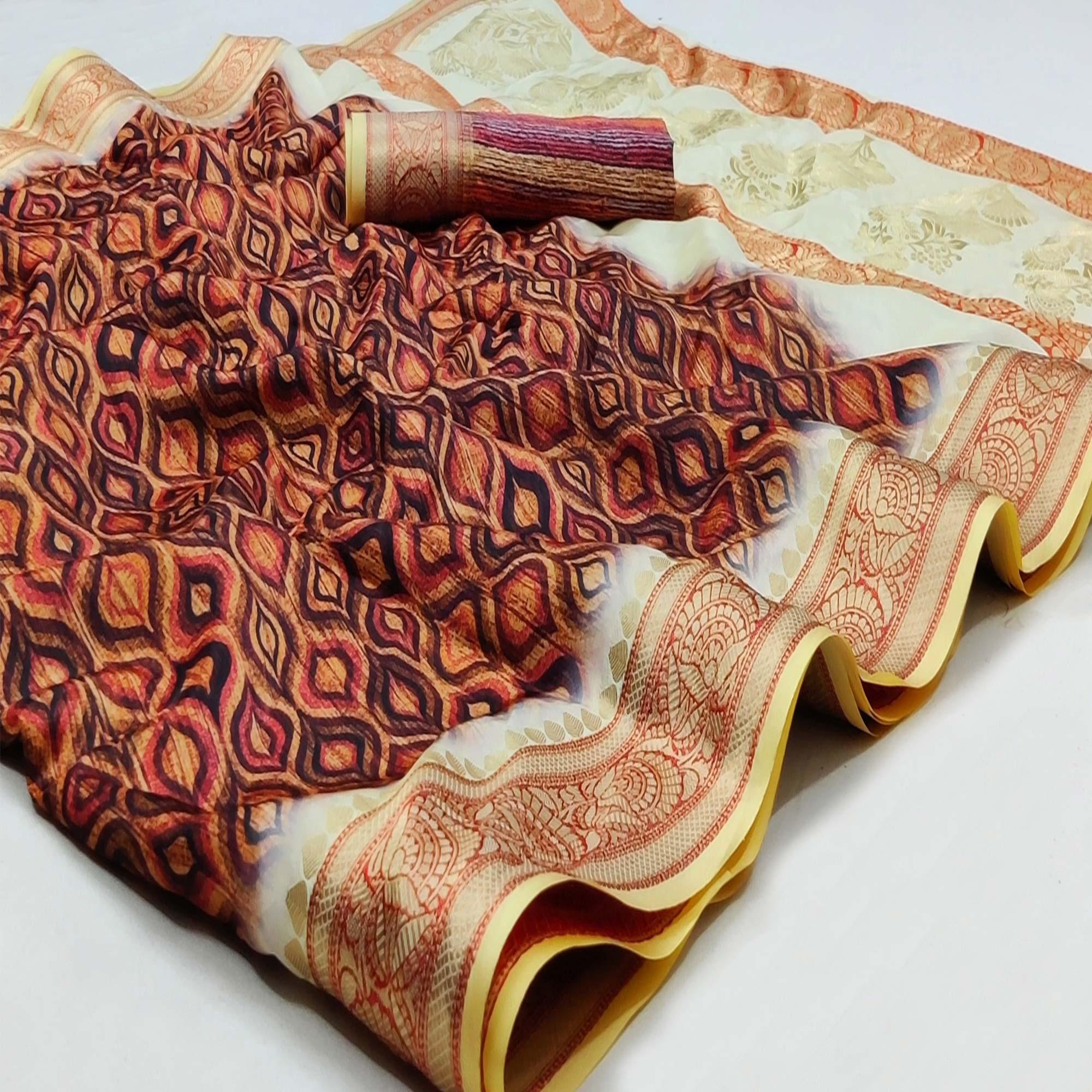 Peachmode Brown Festive Wear Digital Printed Soft Silk Saree With Jacquard Border
