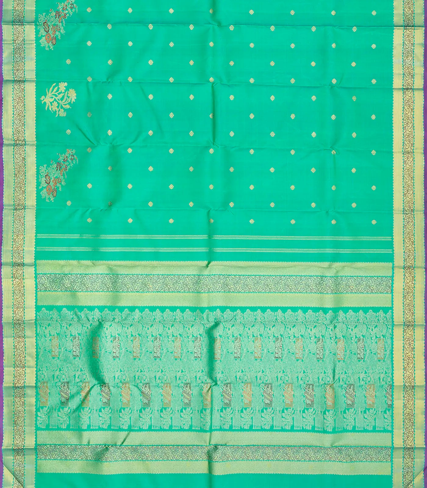 RmKV Aquamarine Handwoven Kanchipuram Silk Saree With Floral Motifs-Aquamarine - view 2