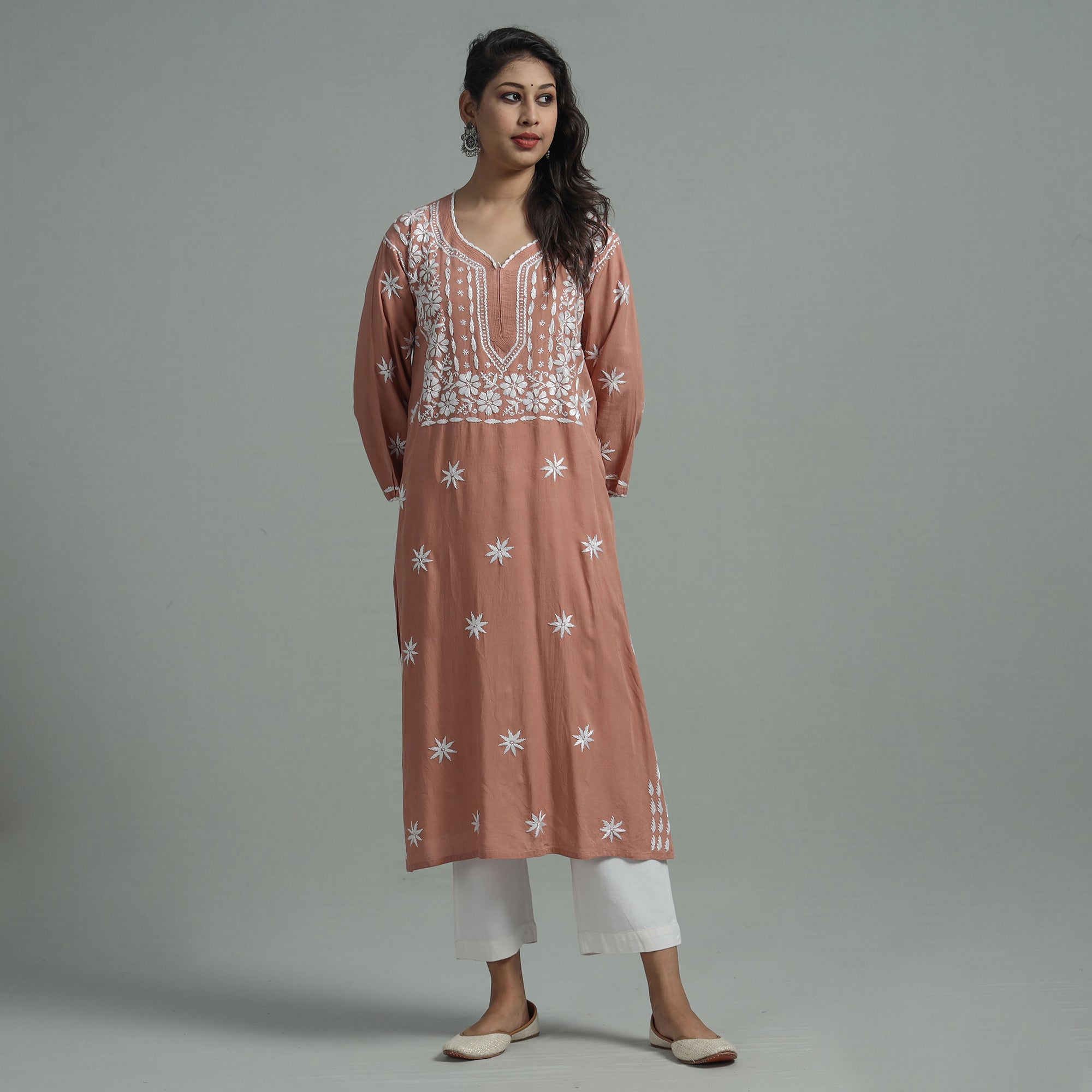 MEHARKI CHIKAN Brown - Chikankari Hand Embroidered Soft Cotton Long Kurta - view 2