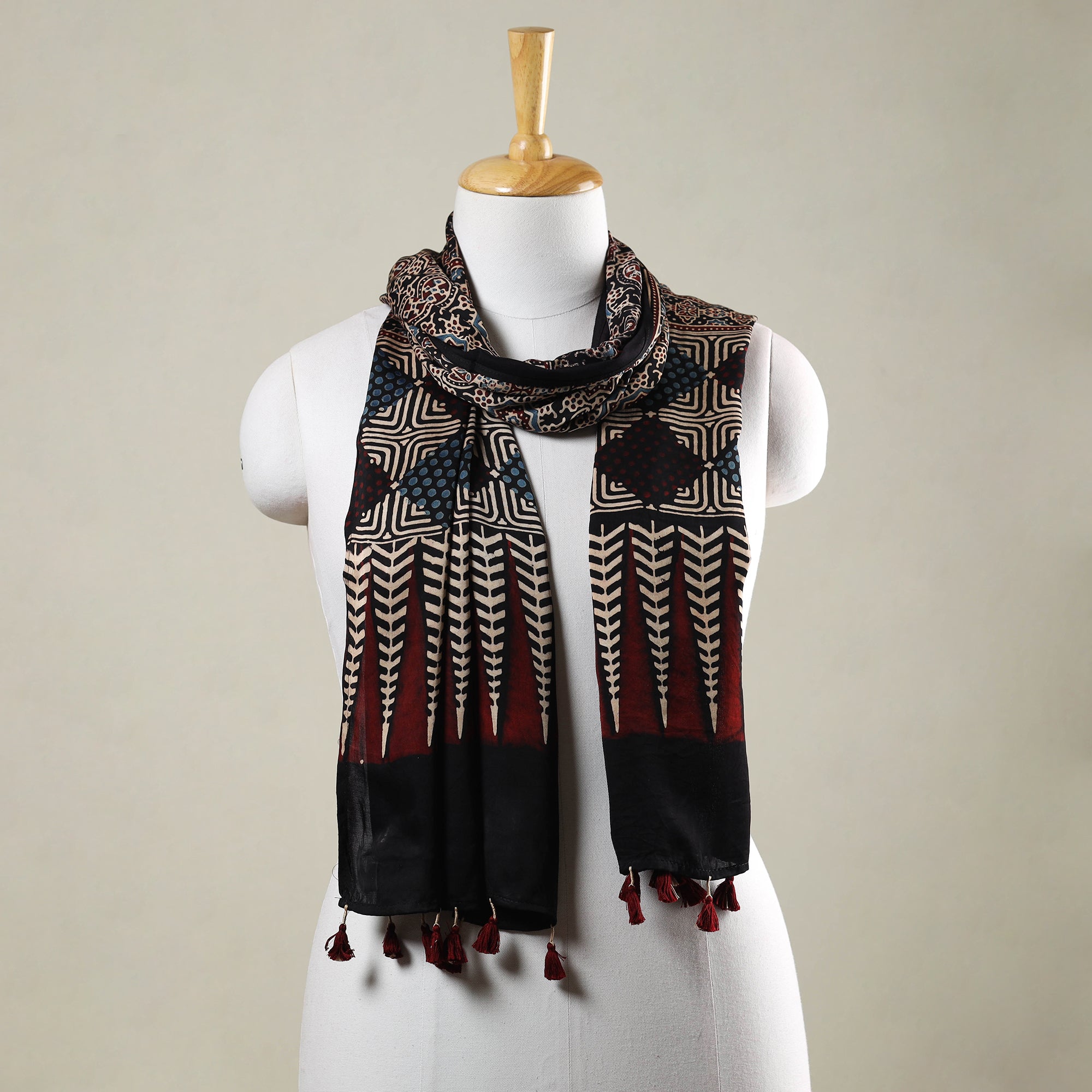 RIYAZ ABDULMAJID KHATRI - AJRAKH Black - Ajrakh Hand Block Printed Modal Silk Stole with Tassels