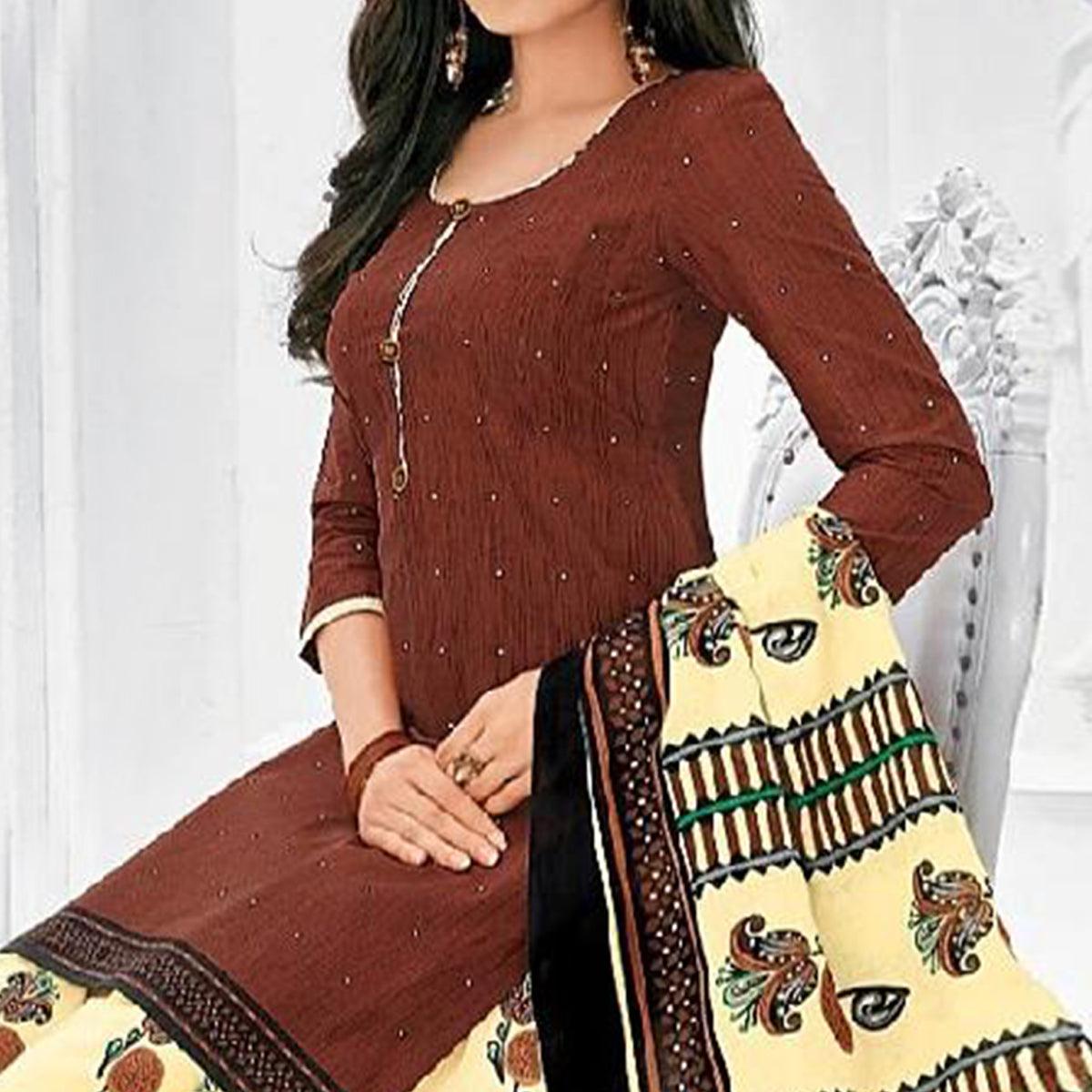 Peachmode Seller Magnetic Brown Colored Casual Wear Printed Cotton Stitched Patiala Suit - view 2