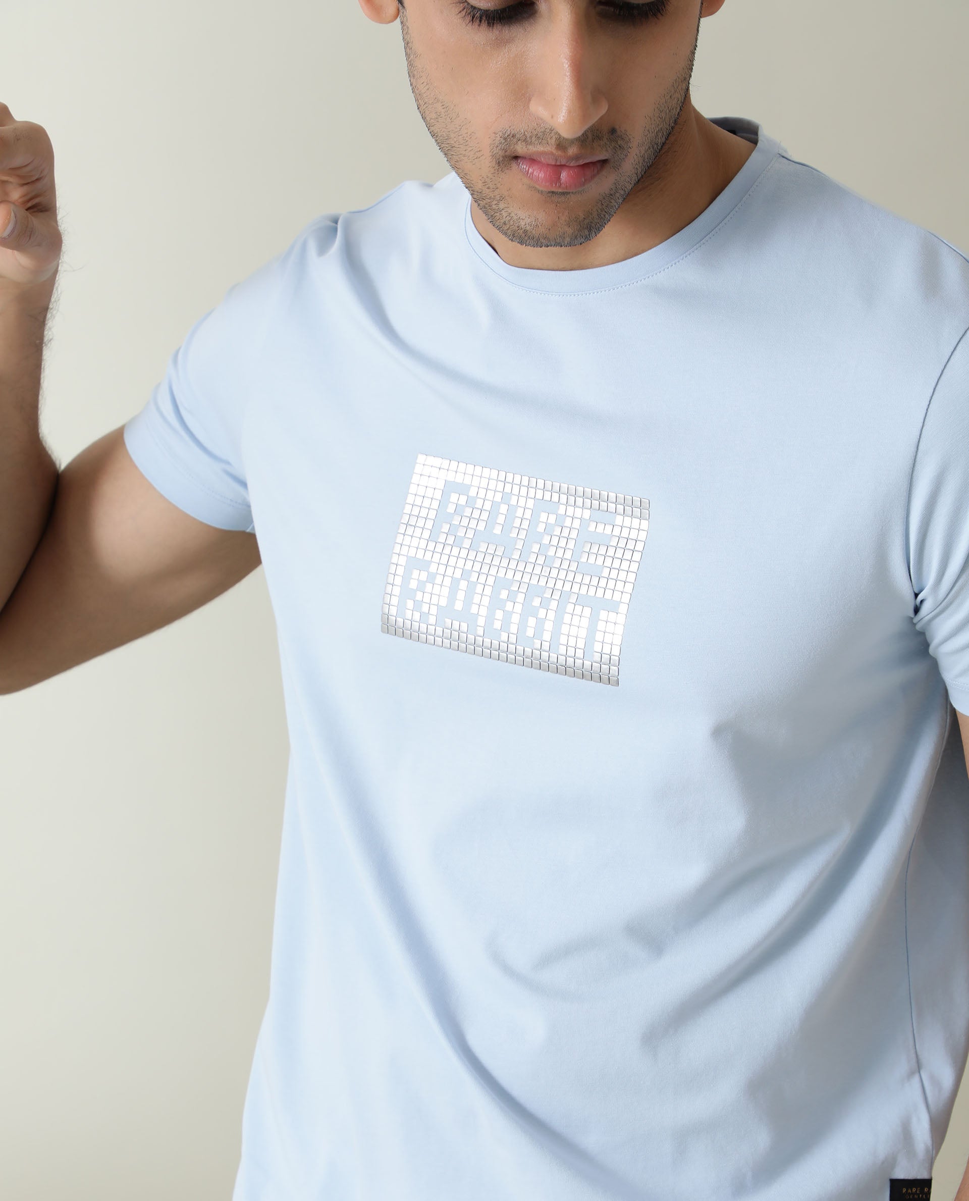 Rare Rabbit Men's Seal Pastel Blue Cotton Lycra Fabric Crew Neck Half Sleeves Regular Fit Foil HD Print T-Shirt - view 2