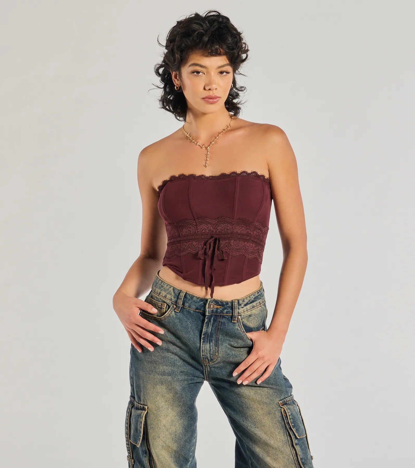 Windsor Chic Attitude Lace Trim Mesh Corset Top
