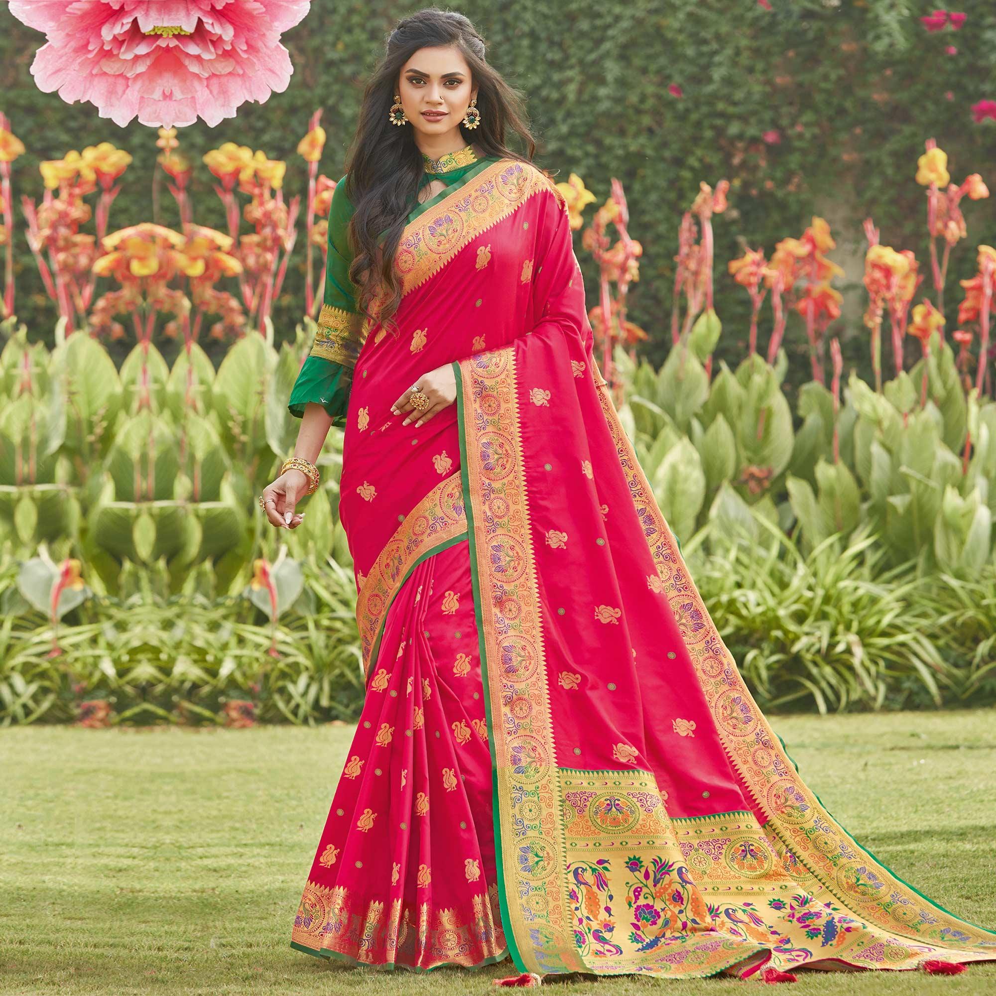 Peachmode Captivating Pink Coloured Partywear Woven Silk Saree